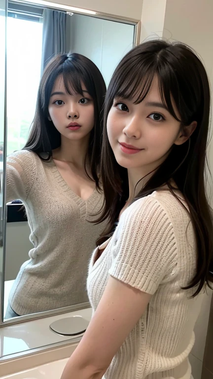 RAW, 1girl, solo, colorful, (masterpiece, best quality:1.3), (absurdres:1.3), walking, holding Luxury handbag, (detailed skin:1.3, detail face:1.3), from above, looking at viewer, sharp focus , Delicate, (Korean beauties, Korean Mixed Race:1.3), (mature women:1.2), (tits huge:1.4, thick-thighs:1.2, narrow:1.1), bright smile, (larger_Ojo:1.2, brown_Ojo), red_eyeshadow, pink lips, (Straight hair), viewer, (V-neck sweater, Denim empty pants:1.2), park, English text, natta, (cleavage), open_blazer,