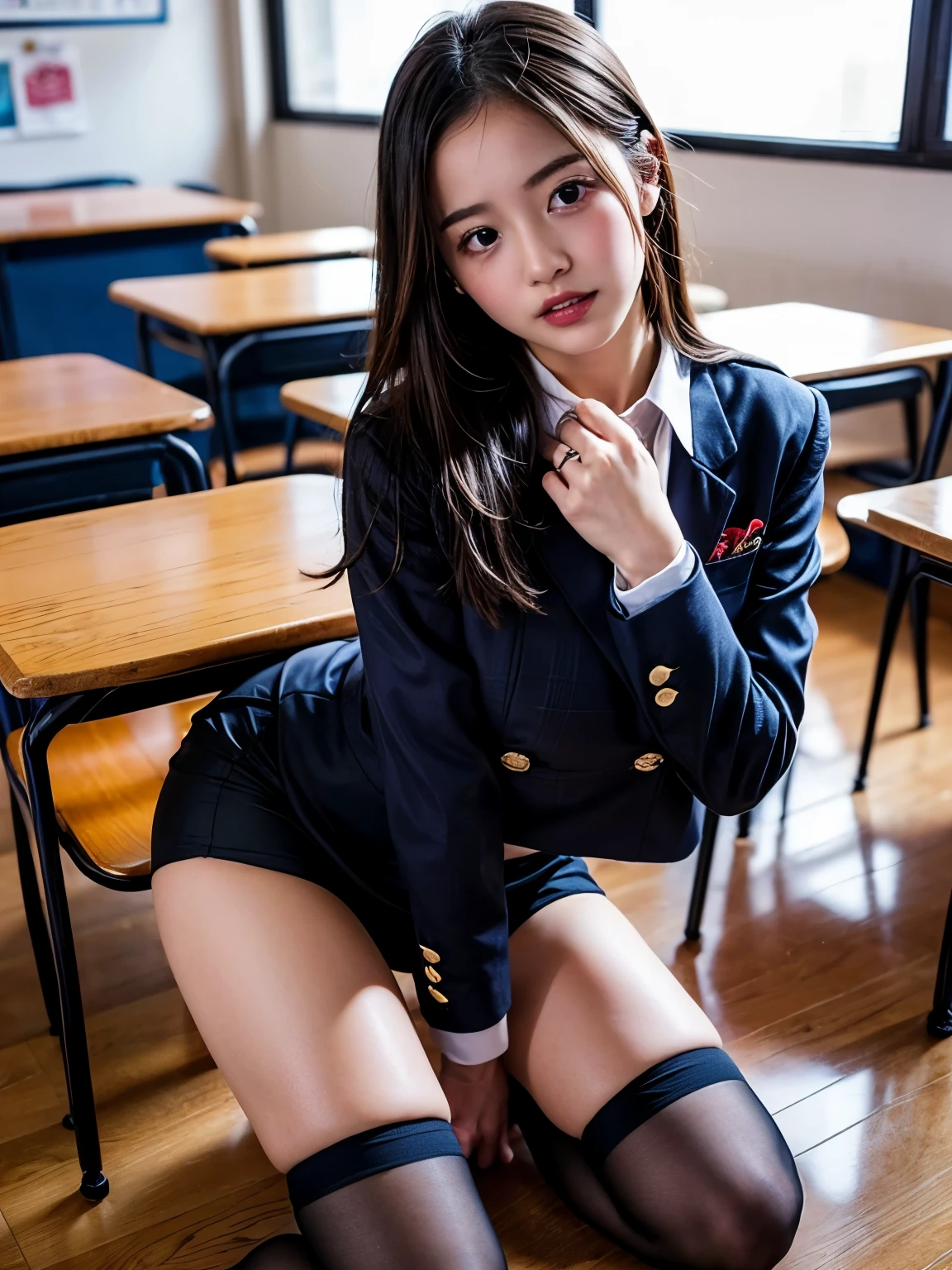 ulzzang -6500-v1.1, (Raw foto:1.2), (Photorealsitic:1.4), a beautiful detailed girl, extremely detailed eye and face, beatiful detailed eyes, Ridiculous, unbelievable Ridiculous, huge filesize, ultra-detailliert, hight resolution, ighly detailed, top-quality, masterpiece, ((High school girl taking off uniform),(close to naked)), illustratio, ighly detailed, nffsw, unification, 8K Wallpaper, magnifica, finely detail, masterpiece, top-quality, Highly detailed ticker uniform 8K wallpaper, Light on the Face、电影灯光、 girl、((witheout panties))、((dynamicposes)))、(camel's toe)、(half)、(Barefoot without pantyhose)、(Beautiful knees)、(Sitting on legs bending the knees)、(The soles of the feet are visible)、(tiptoes)、(Sit with your knees bent)、(Open your knees well enough))、Hands up、Raw feet、No sock information
