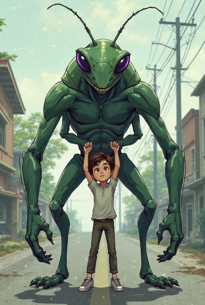 Make an anime of an alien falling into the yard of a house and an alien urinating on a person and the person is given super powers