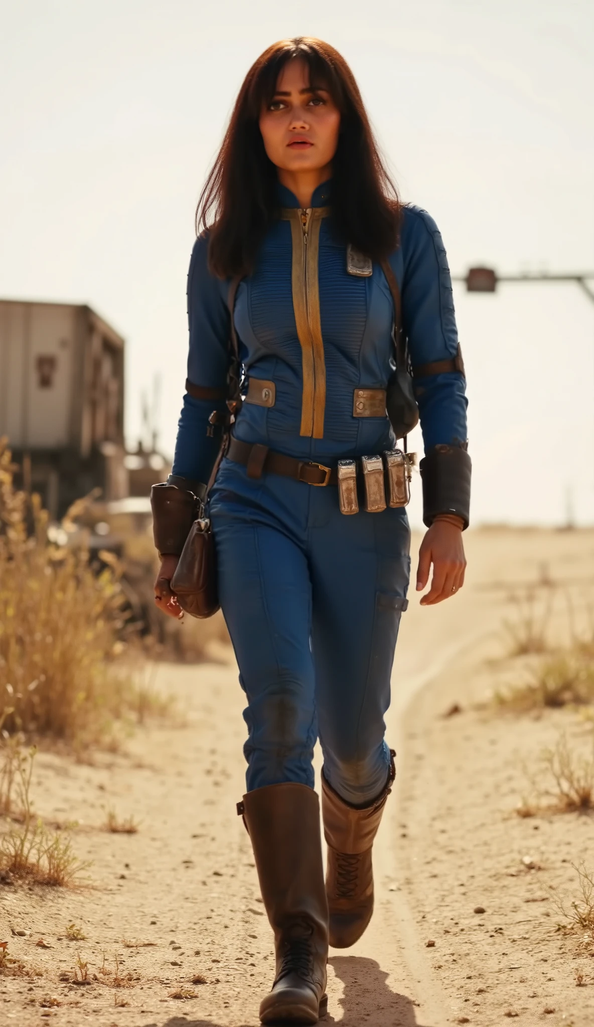 1girl (Lucy McLean), long hair, very hot, full body, ((fit sexy body)), ((narrow waist, thick thighs:1.4)), ((firm round medium breasts:1.4)), ((hourglass figure:1.4)), ((thick thighs wide hips)), ((curvy legs)); (((Lucy wears a blue sexy super tight leather worn out dirty jumpsuit:1.2))), ((the jumpsuit fits perfectly around her body)), with some yellow marks. She has long dark hair. she wear brown military boots and a backpack; ((she's walking towards the viewer, walking towards the camera)), ((sweaty:1.5)),), she's dirty and tired, frontal shot, (((sexy walking))), (((athletic hot body)), ((her jumpsuit is quite dirty and worn out)), she's sweating, beautiful face, long hair , postapocaliptic desert background