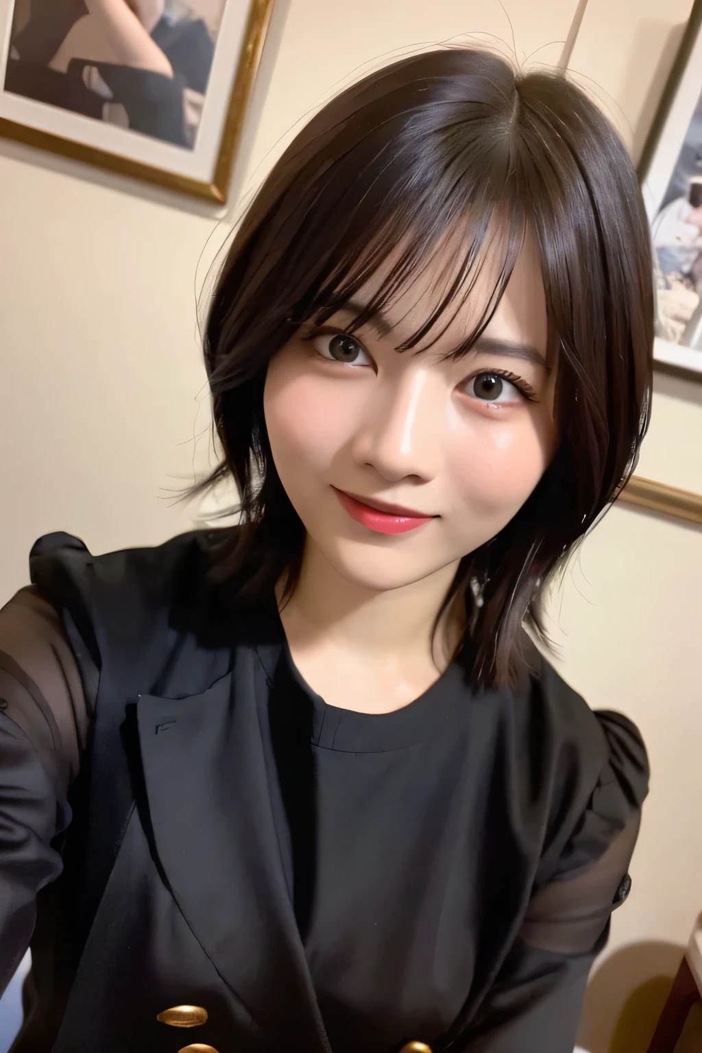 best quality、photorealistic、8k、high resolution、perfect lighting、 beautiful 、masterpiece、realistic、close-up portrait、
1 girl、 sharp eyes、middle breasted、short hair、 viewers covering the entire subject 、A kind smile、 cafe、tunning Duplex 、Crisp Double、beautiful face、sexy、danger