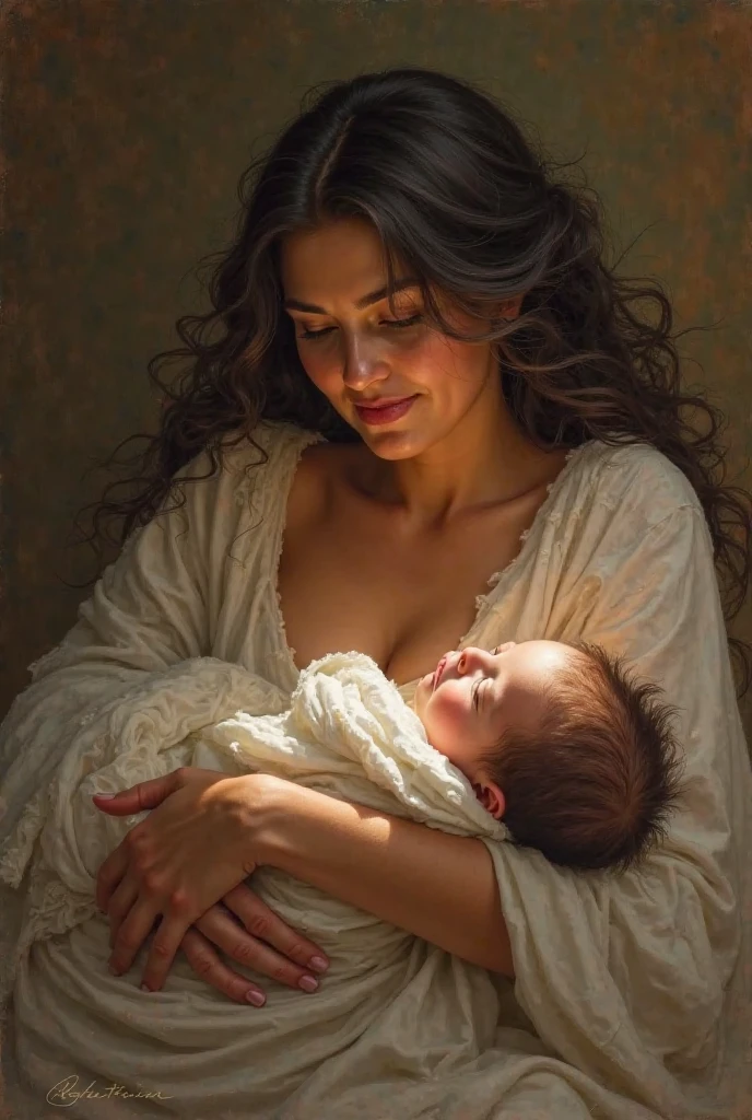 A stunning portrait of Trinity giving birth to Neo’s baby in Zion, she is actively giving birth, the baby’s head is stretching her birth canal, she has very short dark hair 