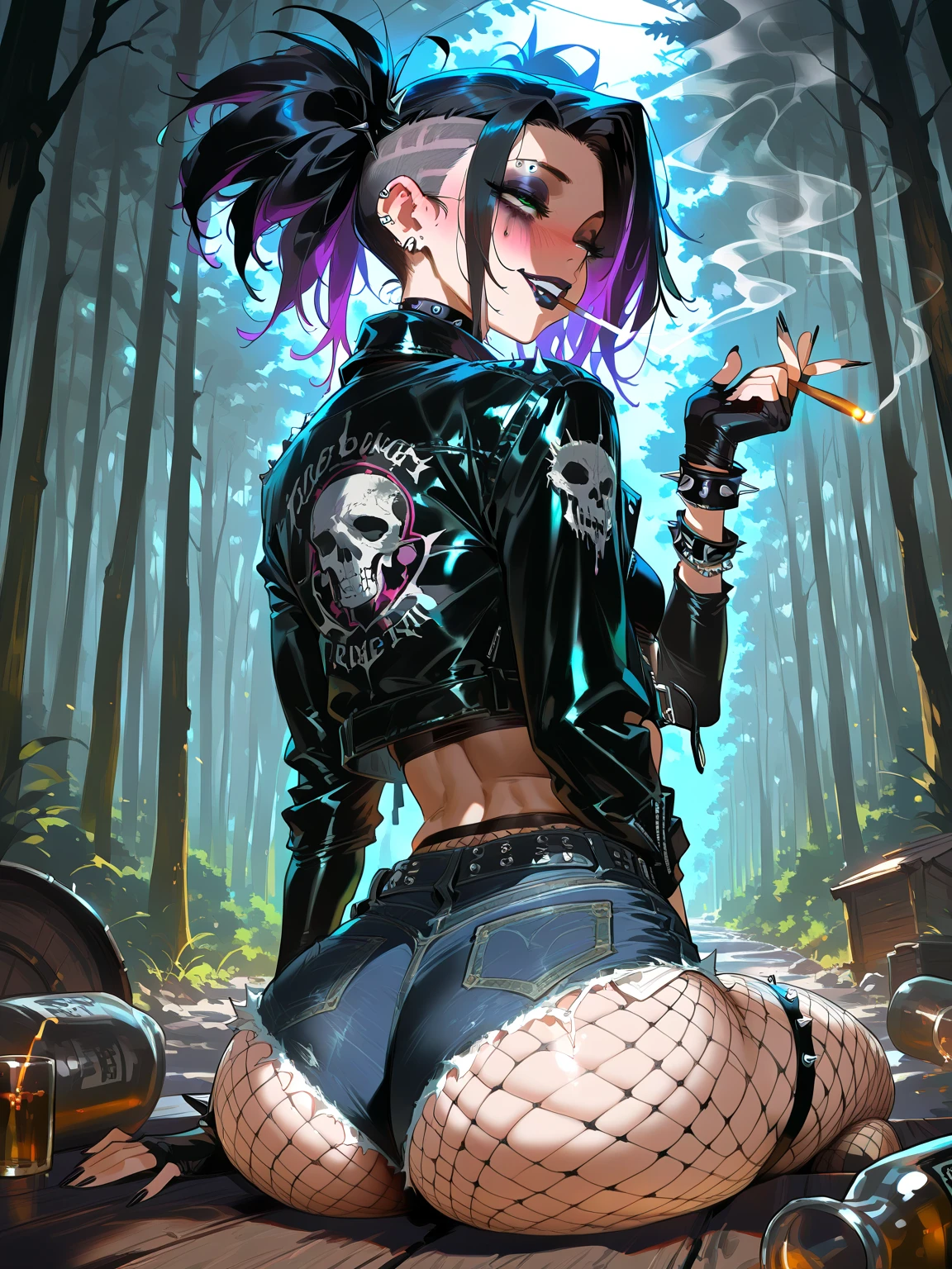 19 year old girl crawling through foggy cemetery, cinematic shot, ((dark, foggy graveyard)) , (sneakers), multicolored hair, scary, nervous look on face, 1girl, all fours, choker, tight black shirt, medium breasts, high quality, masterpiece, sweaty, detailed, (punk clothes: 1.4), disheveled hair, dramatic shading, , (thong panties showing), (((dirty))), young face, cute nose, (cute attractive face), (wide hips), knee highs, Masterpiece, shadows, ((nice butt)), low angle, nsfw, bokeh, (torn clothing), scratches on body, skinny body, ((midnight)) , girl holding flashlight, shadows, perfect face, (perfect nose), short teen girl, (thick fog), hand and knees