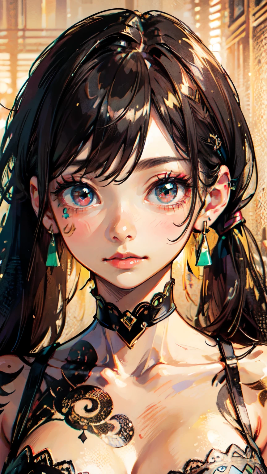 8k, masterpiece, best quality, close-up, front, vibrant, neon green, Twintail, Colorful decoration, bright eyes, in shades of golden , vibrant makeup, , Lip color, large round earrings, Colorful Choker , Colorful Tattoos, bright, , Psychedelic, high contrast, Highly Saturated Color , Details.light lingerie、middle ages、realistic skin quality、blur the background