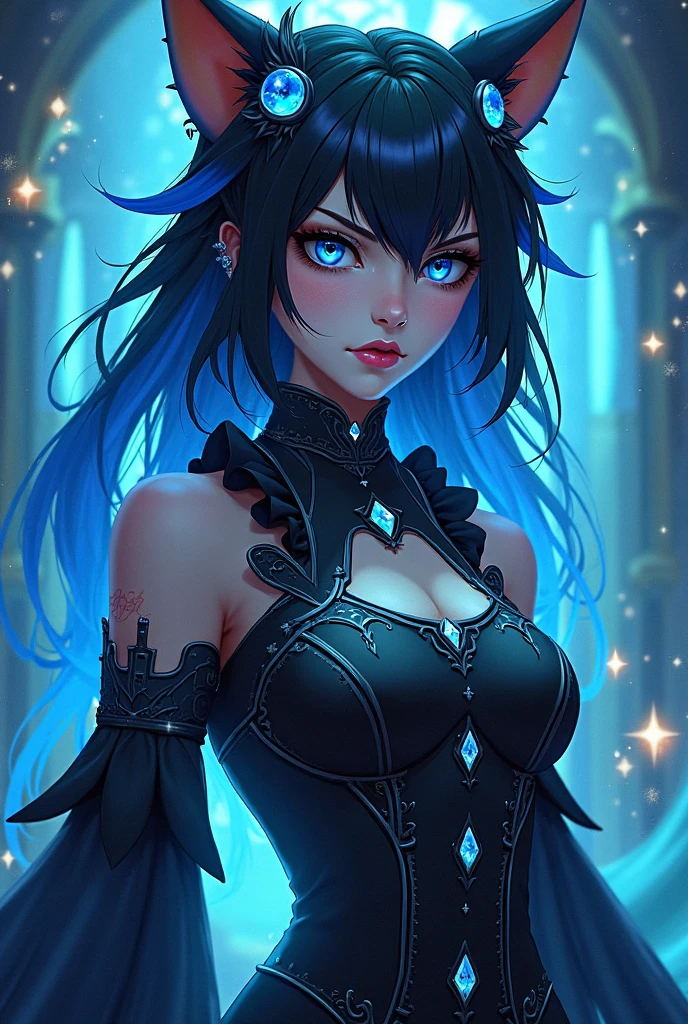 Black magician from the anime Yu-Gi-Oh in an ultra realistic and detailed version very sexy cute passionate, detailed bright blue eyes, low-cut top made of fine tulle fabric, semi-transparent black fabric, detailed skin, depth, vibrant colors, plunging neckline, medium breasts , thin waist, thick legs, delicate and detailed face, black lipstick, dark eyeshadow, realistic loose hair, human, beautiful girl, unique work of art, short gloves, magic, dark blurred background, hd maximum quality realistic photography style 50mm fantasy effect lens