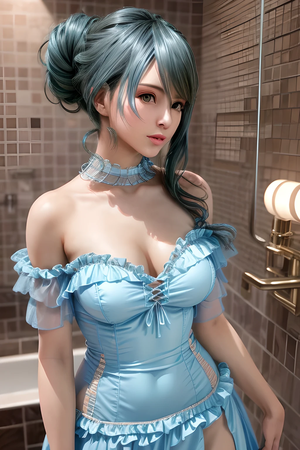 arafed woman in a silver dress standing in a bathroom, a pastel inspired by Tina Blondell, flickr, renaissance, wearing a nightgown, satin, wearing a camisole, nightgown, bright blue shiny lingerie, wearing white camisole, seductive camisole, gorgeous, silky garment, wearing white silk, in a silver silk robe, very appealing