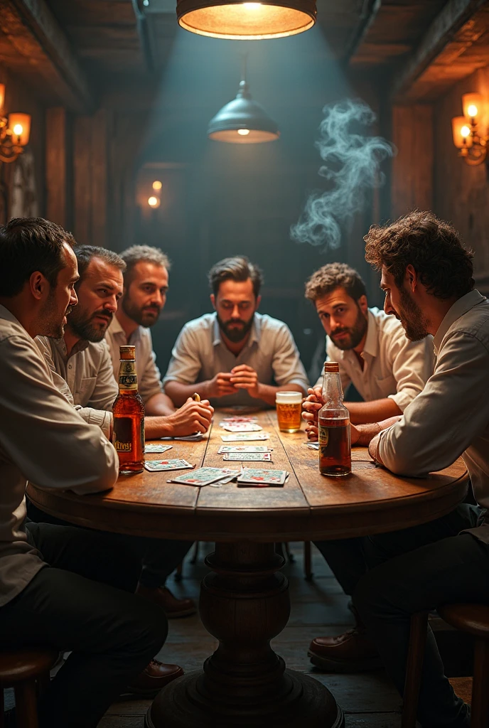 7 men smoking and drinking praising a virgin
