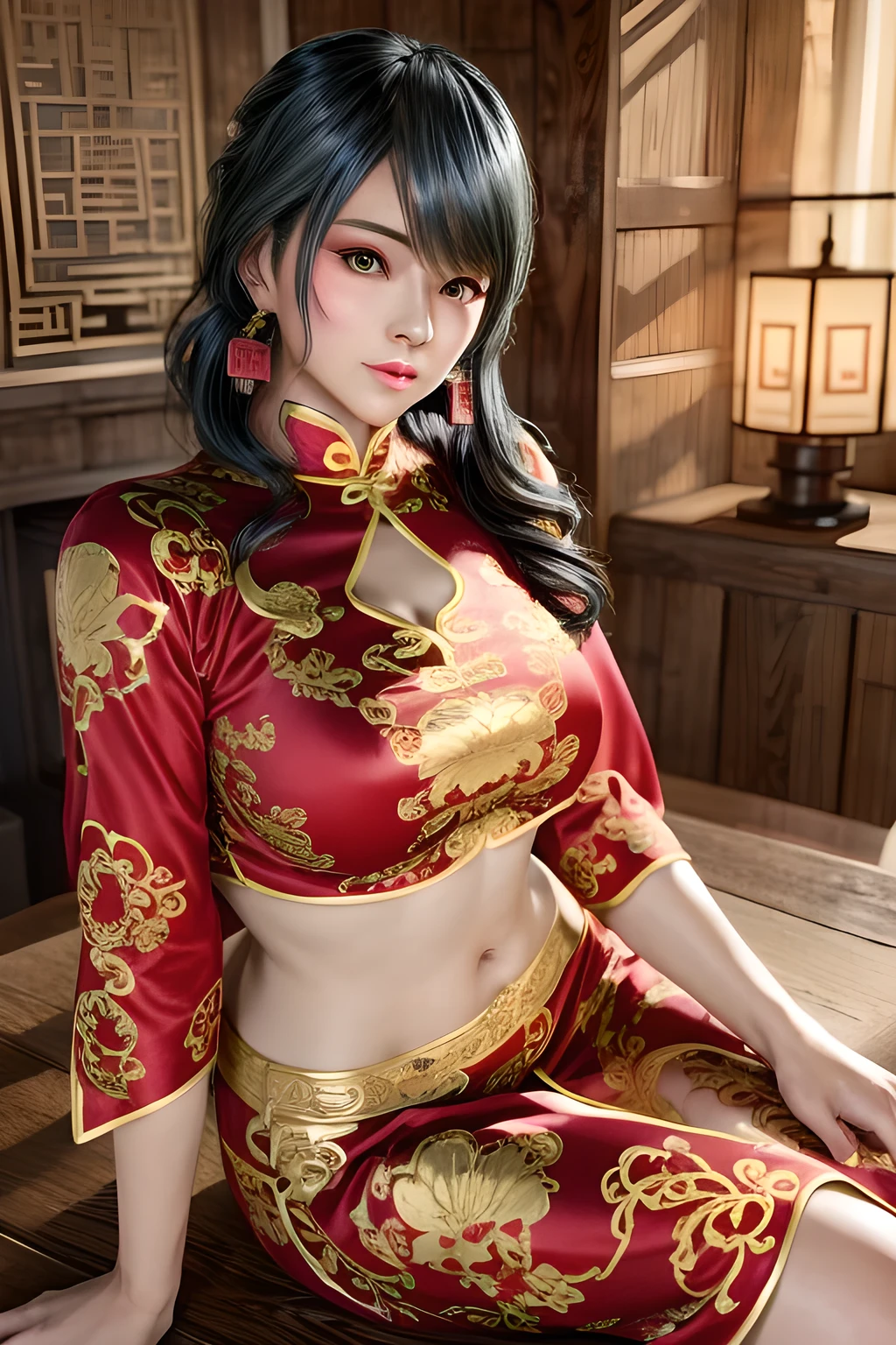 1girl, red cheongsam dress, embroidered floral details, long sleeves, high collar, long skirt, flowing fabric, traditional Chinese bridal attire, elegant jewelry, pearl necklace, bangle bracelets, graceful pose, prominent cleavage, large bust, beautiful eyes, full lips, detailed facial features, photorealistic, dramatic lighting, warm color palette, cinematic composition, (best quality,8k,highres,masterpiece:1.2),ultra-detailed,(realistic,photorealistic,photo-realistic:1.37),studio lighting,ultra-fine painting,sharp focus,physically-based rendering,extreme detail description,professional,vivid colors