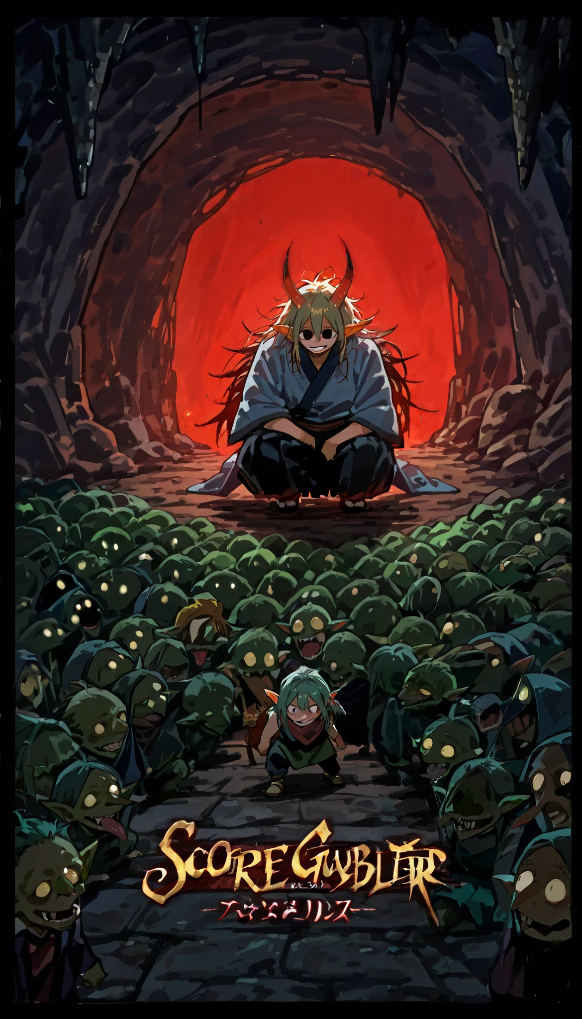 ((one samurai))), cave basement, high quality, score 9, score 8 up, score 7 up, (((multiple goblin monsters, group))), goblin monster, creepy goblin, goblin clinging to samurai, perverted goblin, background filled with goblins,