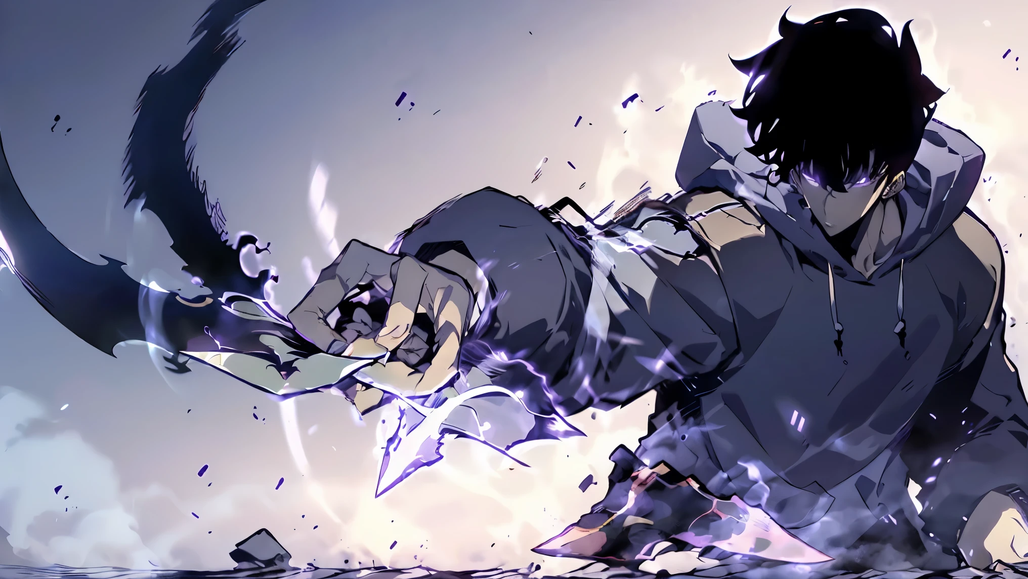 (1man:1.3) , 1boy, black hair , purple eyes , trained , White inner shirt, (navy hoodie:1.2), (solo:1.2), (have a short sword:1.2), (battle:1.2), cowboy shot, dutch angle, dynamic angle