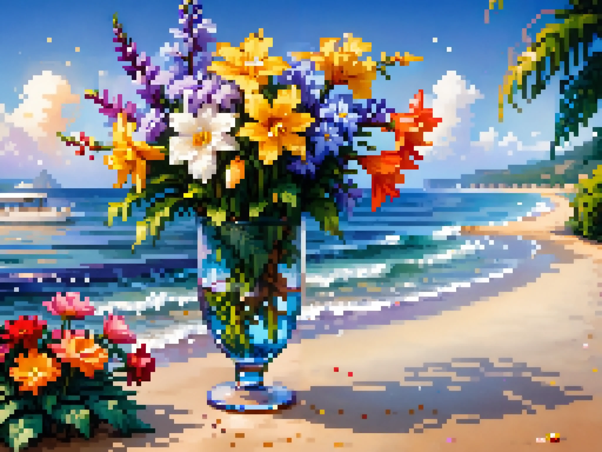 sea, sun, beach, flowers, flowers in the water, flowers on the shore, flowers on trees and palm trees, flowers in the sky, flowers in the sun, flowers in a glass, roses, gladioli , Asters, dahlias, wisteria , daisies, Всё More и More , More , the more , a lot of good , a lot is beautifully, life is flowers, high resolution, clear contours, hyperdelized, hyperrealistic, hypercarsive , hypermasterpiece, hypercolored, hyperfiligree