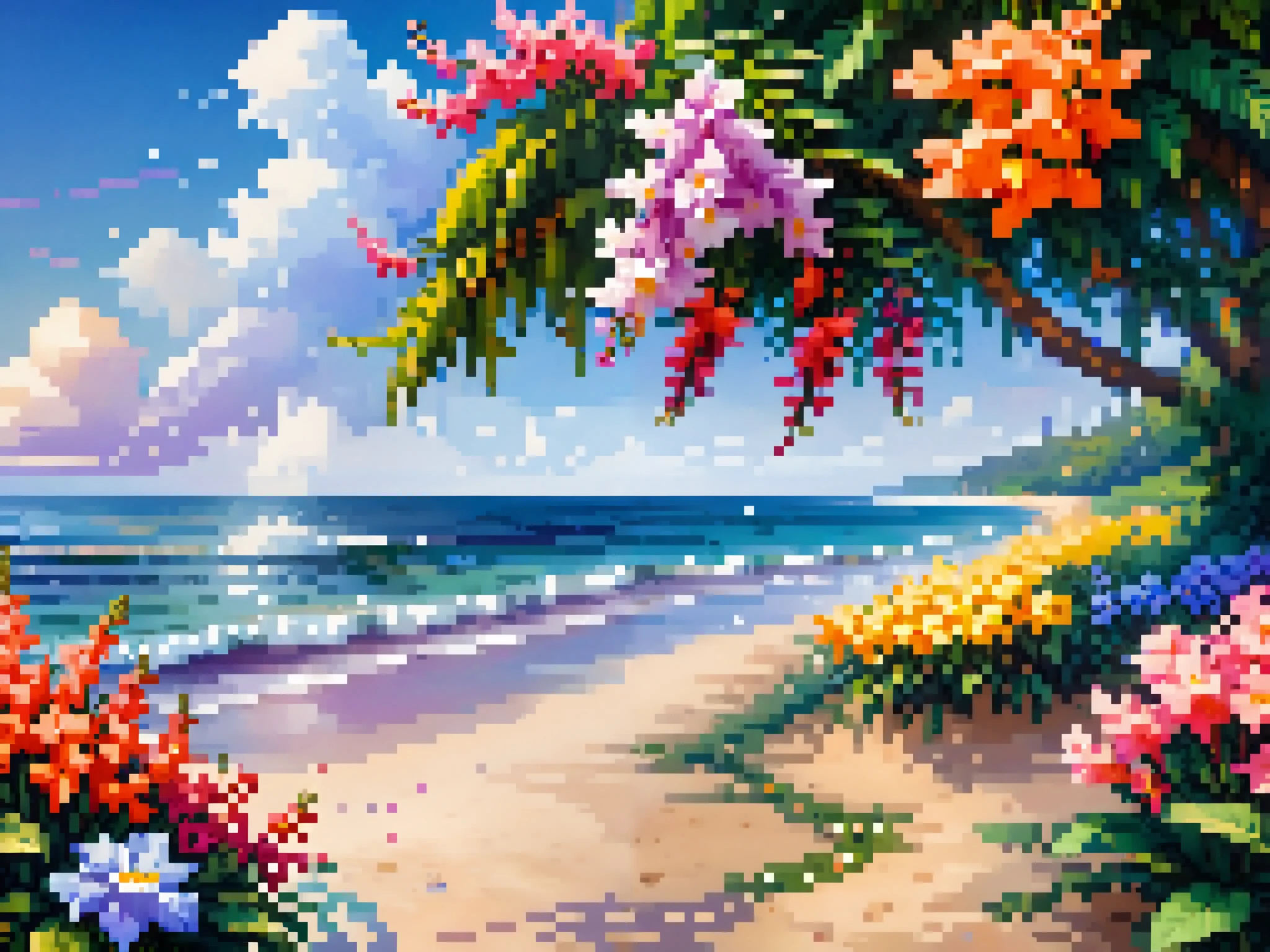 sea, sun, beach, flowers, flowers in the water, flowers on the shore, flowers on trees and palm trees, flowers in the sky, flowers in the sun, flowers in a glass, roses, gladioli , Asters, dahlias, wisteria , daisies, Всё More и More , More , the more , a lot of good , a lot is beautifully, life is flowers, high resolution, clear contours, hyperdelized, hyperrealistic, hypercarsive , hypermasterpiece, hypercolored, hyperfiligree