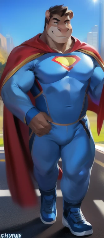A naked Jamaican muscular superhero with massive muscles wearing a metallic jockstrap, boots and a cape in silver, looking handsome and beautiful, seen from just below.
