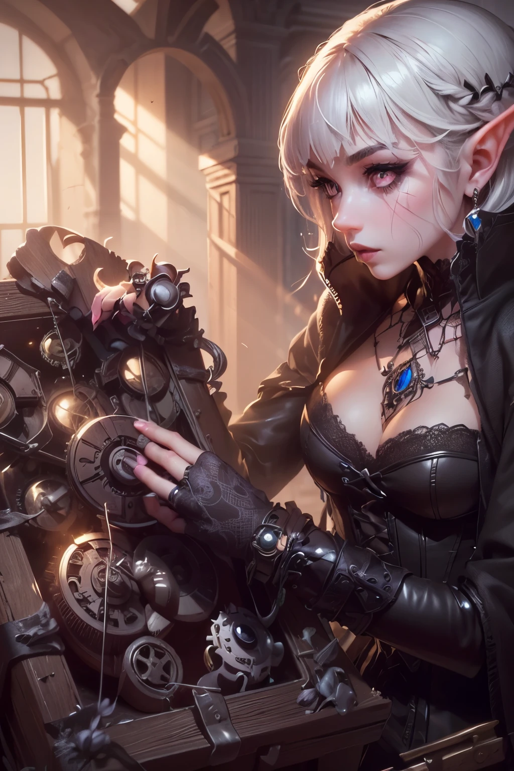 (Ultra-detailed face, Looking away, Gothic Illustration, Dark tone colors. She has five fingers on her hands and five toes on her feet.), BREAK
(Ancient ruins. Gothic ruins. Dimly lit space. Fantastic. Mysterious. A dangerous trap. Contrasts of light and shadow.), BREAK
(A young female dark elf treasure hunter is on one knee, trying to disarm an intricate trap machine on the floor. She looks around cautiously. The viewpoint looks up at the woman from the front of the lower side.), BREAK
(She has gray hair, gray eyebrows, blunt bangs, waist-length wispy hair, small pink lips, lavender eyes, dark gray skin, and eyeliner.), (She is wearing a short lace up dress with an English Victorian cherry blossom motif and lace fabric overlay. She wears an up-dress. She wears sandals with braided leather straps.)