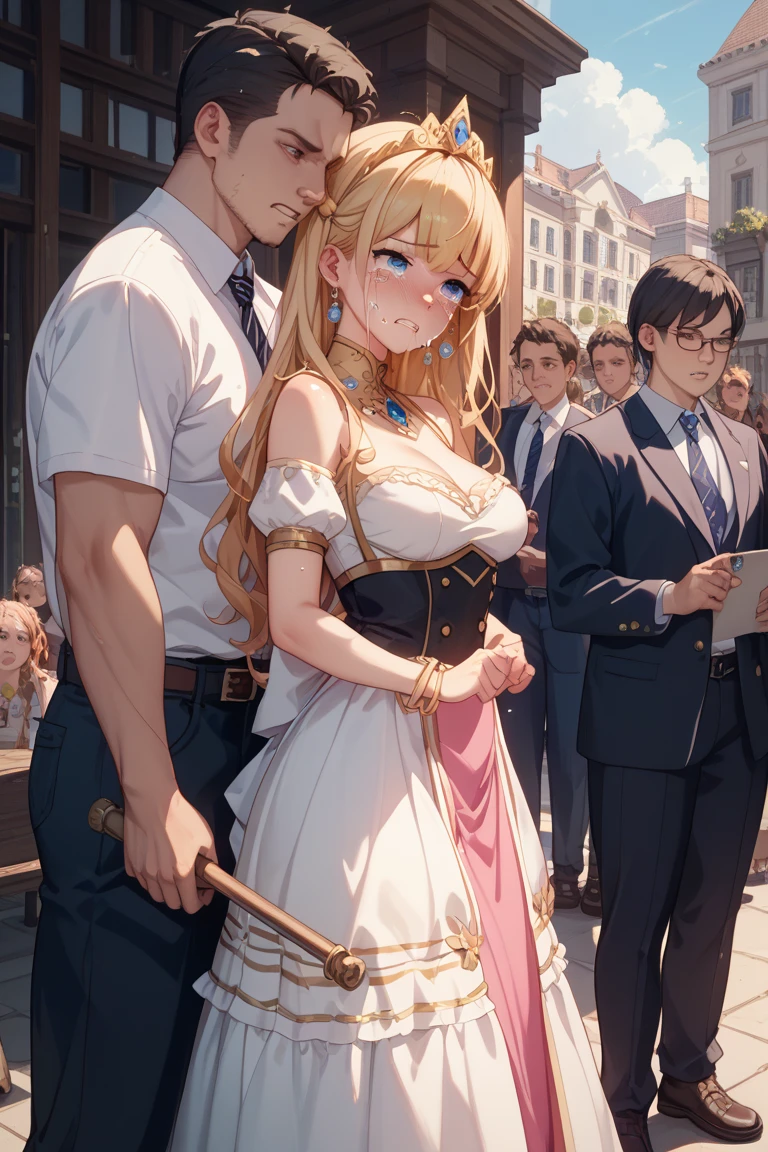 masterpiece,Highest quality,1girl,alone,blonde hair,for sale,slave market,nude female,clothed male,price tag,chained,