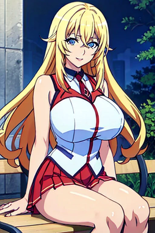 Sitting on bench, (grabbing her breasts pose), red and white uniform, bare shoulders, necktie, sleeveless shirt, red pleated skirt, outdoor, night time, yurishia farandole, takeda hiromitsu style, anime cels style, best quality, high resolution, (huge breasts:1.3), cowboy shot, blush, smiling, blonde hair, blue eyes, hair between eyes, long hair, bangs, Beautiful Finger, Beautiful long legs, Beautiful body, Beautiful Nose, Beautiful character design, beautiful face, cowboy shot, looking at viewer