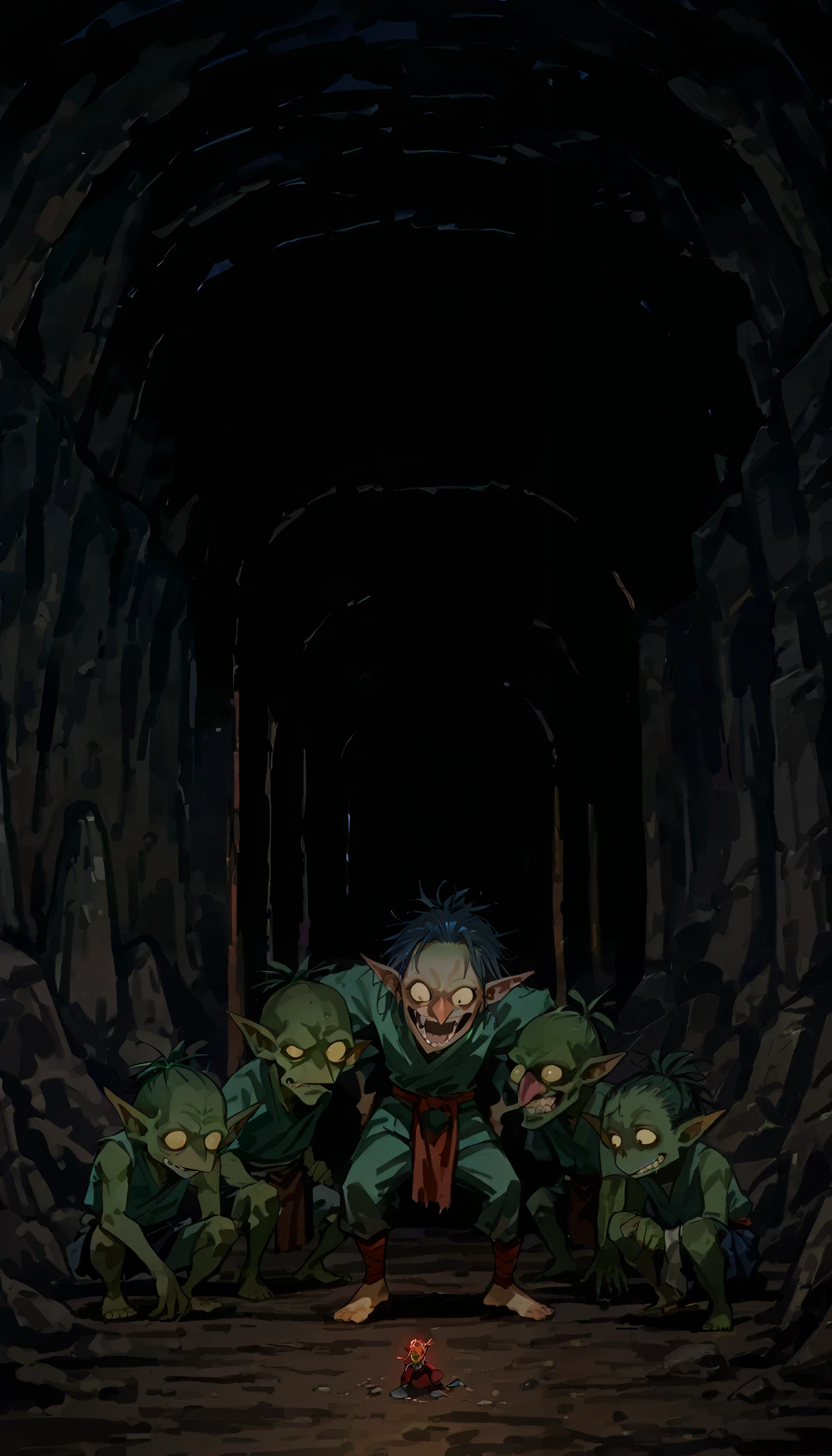((one samurai))), cave basement, high quality, score 9, score 8 up, score 7 up, (((multiple goblin monsters, group))), goblin monster, creepy goblin, goblin clinging to samurai, perverted goblin, background filled with goblins,