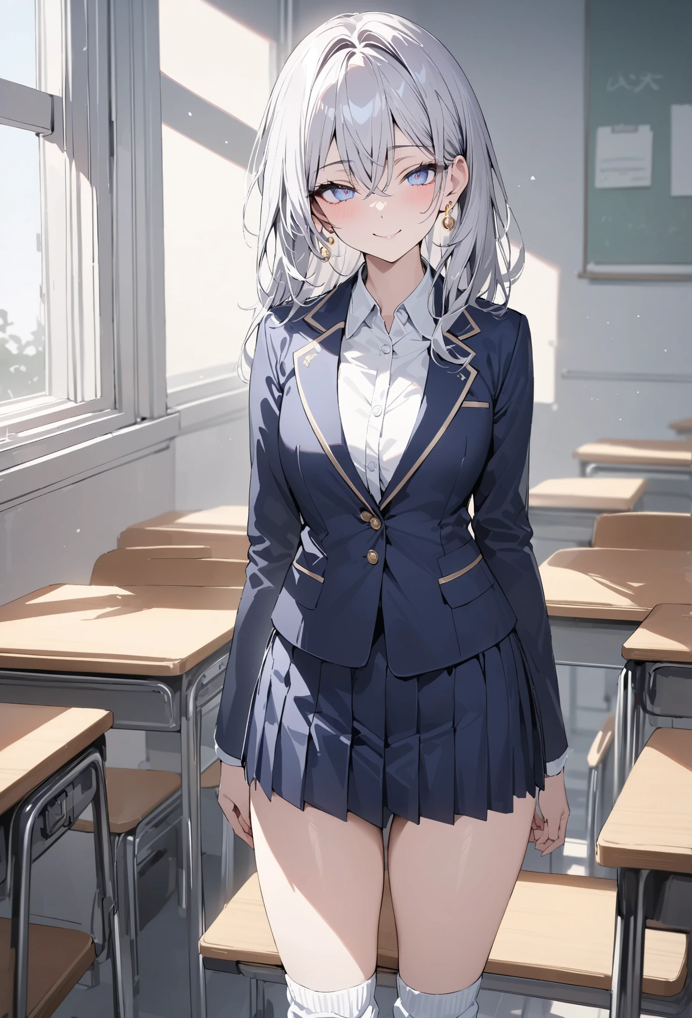 ((greatest masterpiece,super quality:1.2)),(super resolution),(solo),Cowboy Shots(front),Slender, slender high school girl standing in the classroom,beautiful face,(long silver hair),Perfectly colored eyes,smile,high quality navy blue blazer,HIGH QUALITY WHITE BLOUSE,high quality navy blue pleated skirt,high quality white loose socks,loafers,gold earrings