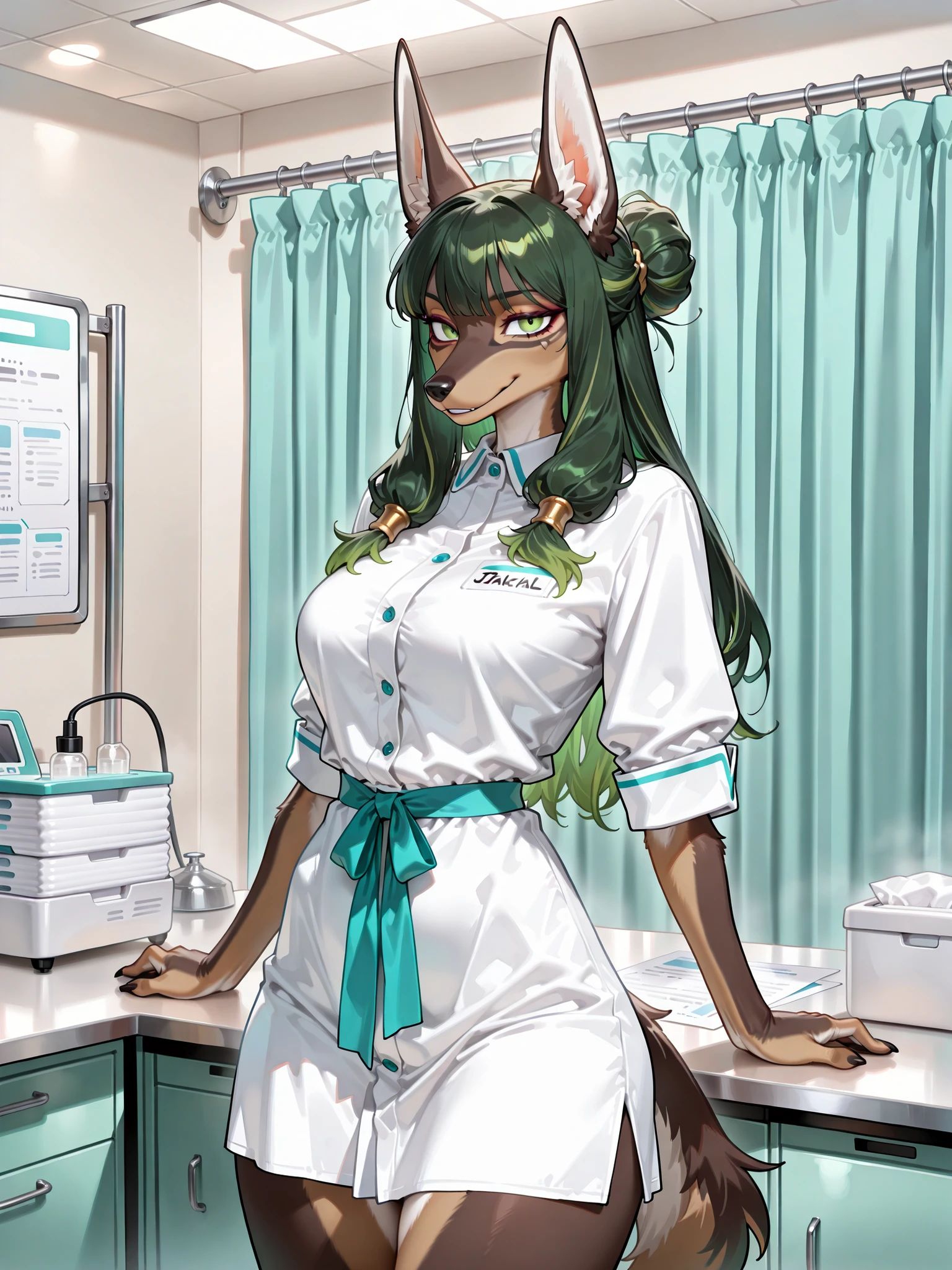 (masterpiece quality, best quality, high resolution:1.1), cowboy shot, female, (solo, 1 jackal anthro:1.25), (long muzzle:0.75), (deep green eyes), medium long hair, deep green hair, bun hair, bangs hair, adult, mature, cool, beautiful, proud, dignified, (tall), perfect anatomy, (furry features), (pharmacist uniform:1.1), at hospital, dispensing room, (slender, skinny:1.1), daytime, (faint smile)