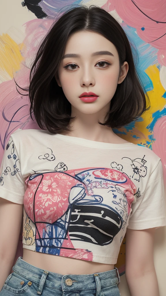 ((masterpiece)), (best quality), photorealistic, best quality, 1 girl, shirt, short hair, looking at viewer, Face details:1.4, yellow t-shirt, proscenium background:1.4, upper body <lora:asang:0.8>