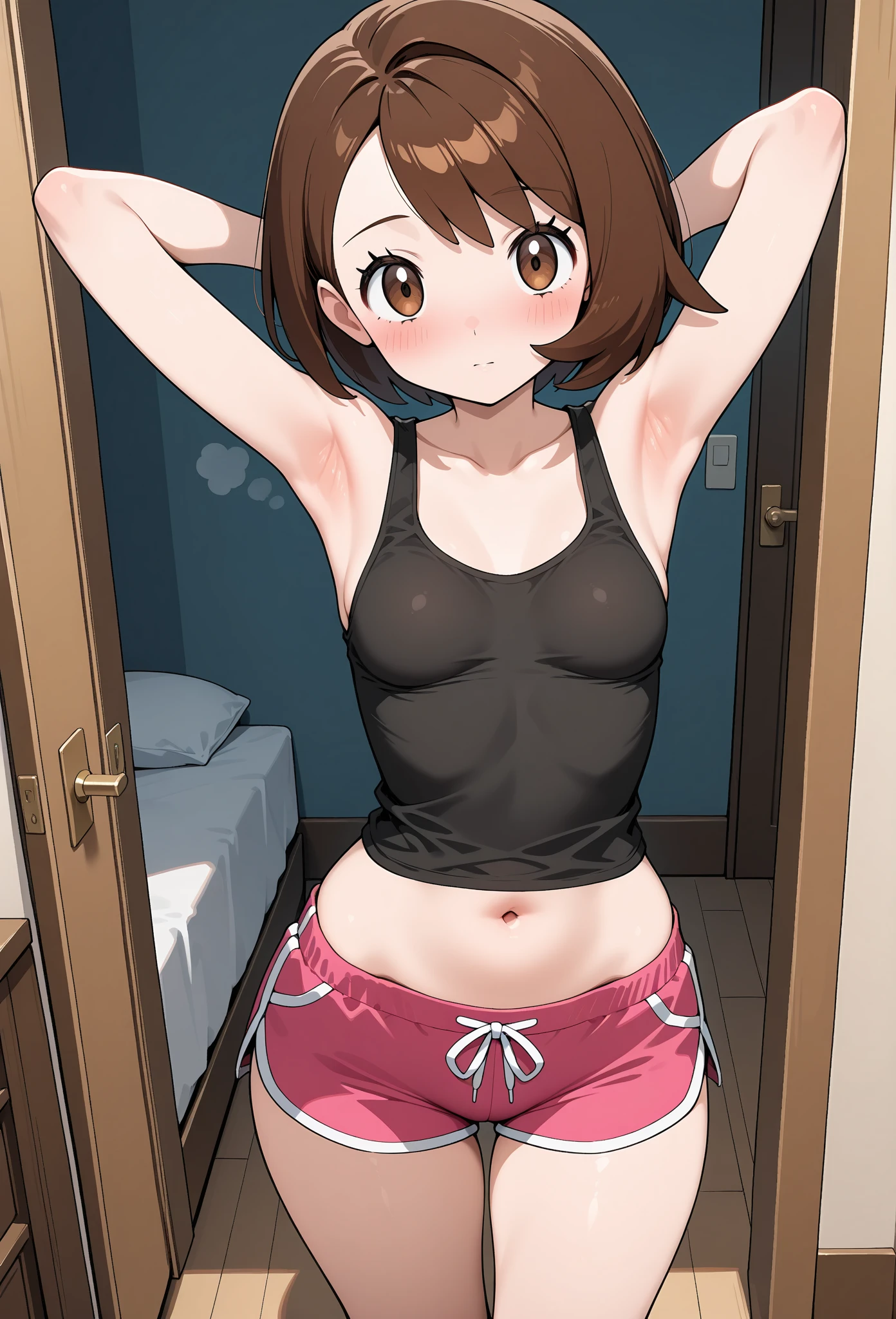 Female, lifting shirt with hands:1.2, white panties:1.6, hair band, white t-shirt, light pink stocking, midriff exposed:1.3, short brown hair, pink eyes, female POV:1.8, B cup