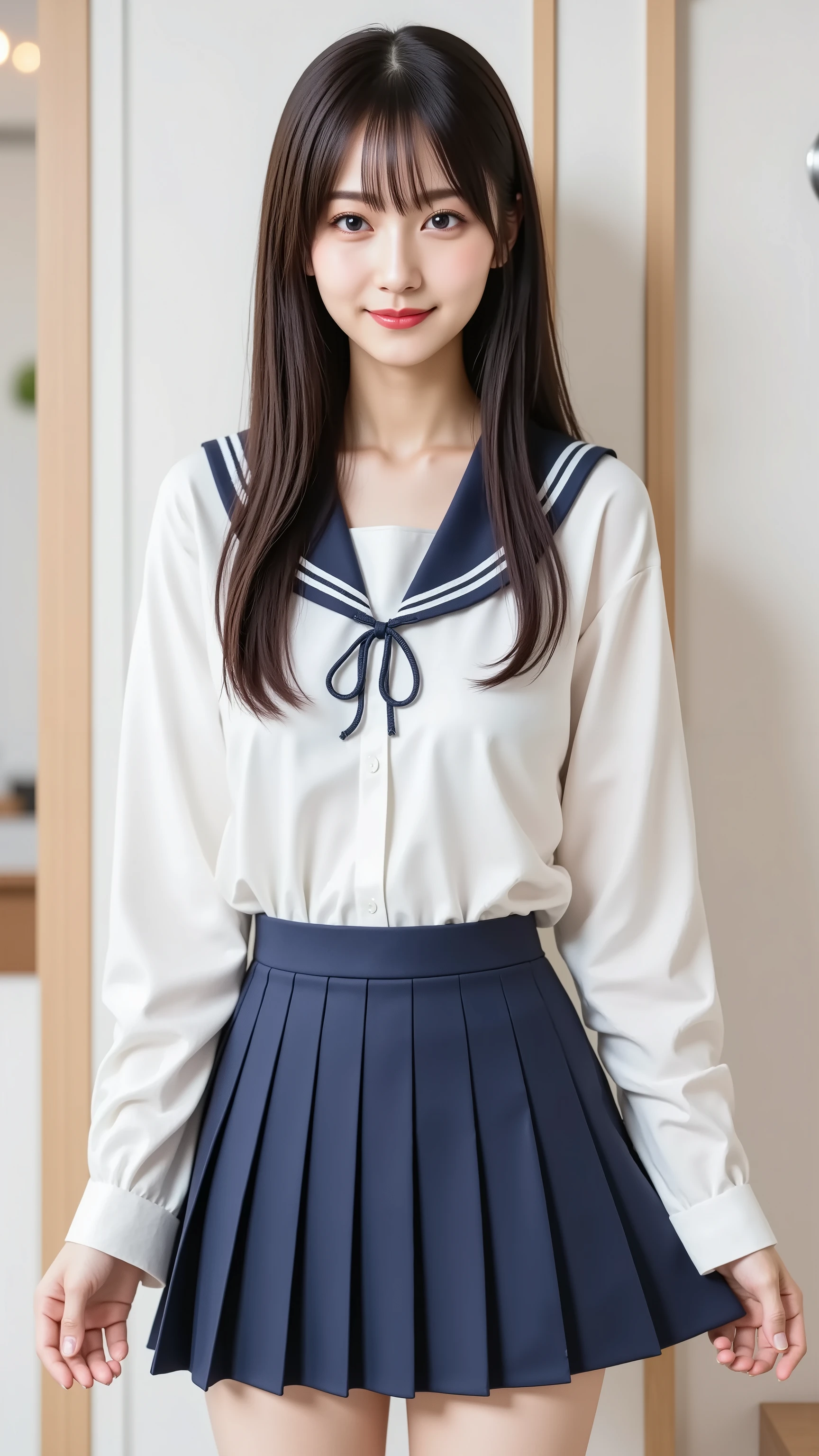 A highly detailed, ultra-realistic digital illustration of a beautiful young Asian woman, with her body visA highly detailed, ultra-realistic digital illustration of a beautiful young Asian woman, with her body visible from above the knees and centered in the frame. She has long, smooth black hair with soft bangs, and her clear, luminous skin complements her warm, inviting smile. Her large, expressive eyes are enhanced by natural, elegant makeup. She is wearing a traditional Japanese high school girl's uniform, featuring a white blouse with a sailor-style collar, a navy blue pleated mini-skirt that falls above the knees, and a matching ribbon tie, exuding youthful vibrancy and charm. The background is a minimalist, neutral tone that subtly contrasts with her attire, ensuring she remains the focal point. The image is rendered in 8K resolution, capturing every intricate detail with pristine clarity.ible from above the knees and centered in the frame. She has long, smooth black hair with soft bangs, and her clear, luminous skin complements her warm, inviting smile. Her large, expressive eyes are enhanced by natural, elegant makeup. She is wearing a traditional Japanese high school girl's uniform, featuring a white blouse with a sailor-style collar, a navy blue pleated mini-skirt that falls above the knees, and a matching ribbon tie, exuding youthful vibrancy and charm. The background is a minimalist, neutral tone that subtly contrasts with her attire, ensuring she remains the focal point. The image is rendered in 8K resolution, capturing every intricate detail with pristine clarity.
