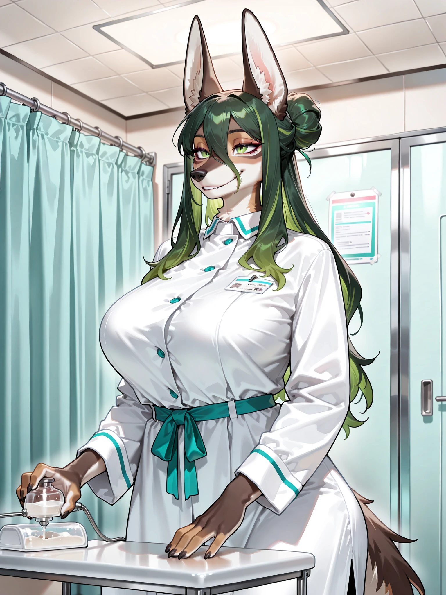 score_9, score_8_up, score_7_up, score_6_up, score_5_up, score_4_up, (solo), female anthro hyena, sexy nurse dress, lusty, fluffy body, long blond hair, turquoise eyes, (thick thighs:1.5)((( offering the breasts))) sex partial clothes, (((cleavage))) semi-butonned uniform niform, (barely_visible_booba) (she is standing) , giant breasts, garter belt tights ((low angle view))