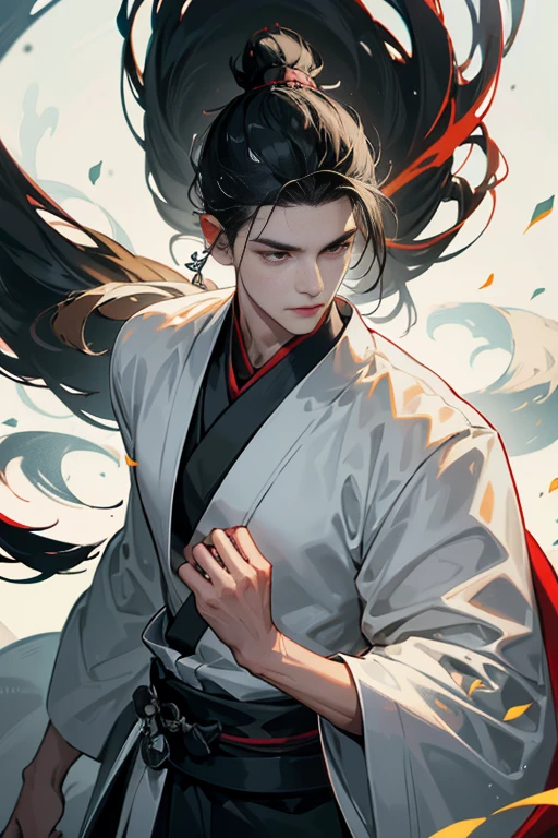 A male with medium-length black hair (tied into a ponytail), blood-red eyes, slightly pale skin, a slender figure, an evil expression (the corners of his mouth are raised), the prisoner in black and white stripes
