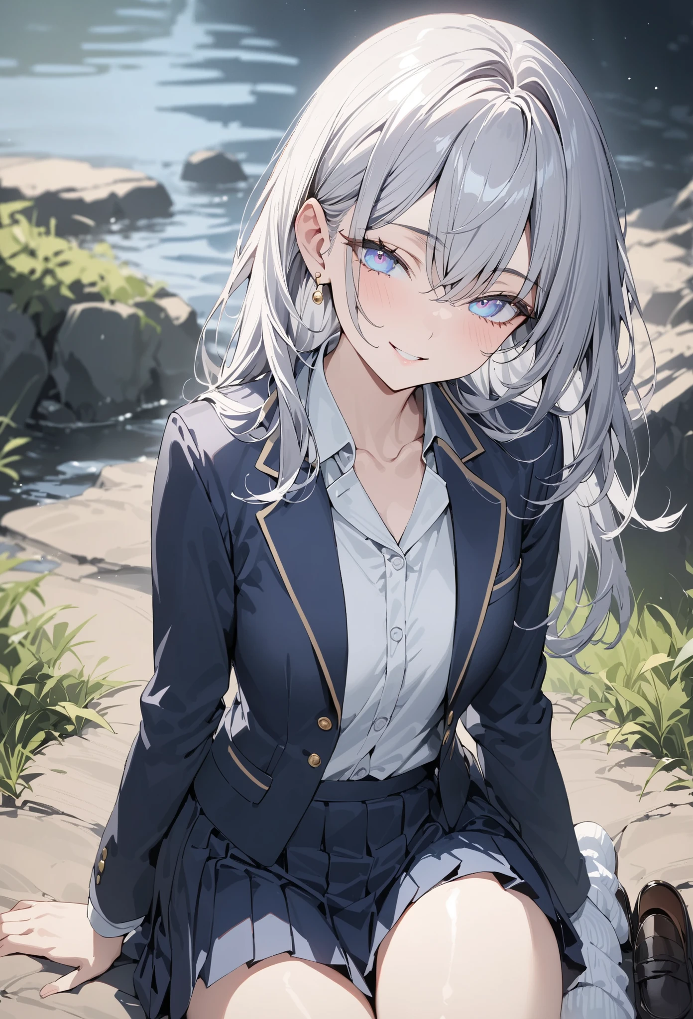 ((greatest masterpiece,super quality:1.2)),(super resolution),(solo),Cowboy Shots(front),Slender, slender high school girl sitting on the riverside ground,beautiful face,(long silver hair),Perfectly colored eyes,smile,high quality navy blue blazer,HIGH QUALITY WHITE BLOUSE,high quality navy blue pleated skirt,high quality white loose socks,loafers,gold earrings