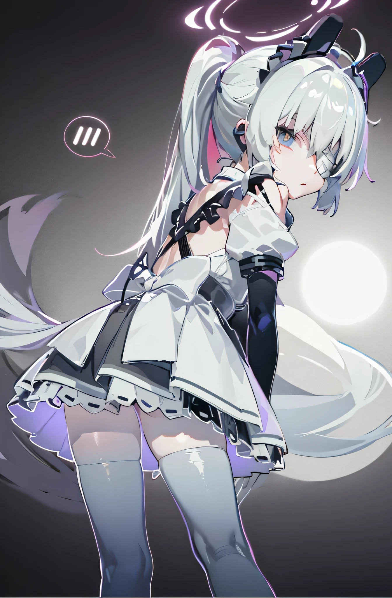 (is the best quality:1.3), ( masterpiece:1.3), (illustration:1.3), (ULTRA DETAILED:1.3), 1 Girl, alone, White hair,  long hair, (((Gray eyes, Single eye patch,))) white dress, Suspenders, bare shoulders, Split Sleeves, Sleeves are over ,  gradient leggings, black tights, Hair accessories, x Hair accessories, interior, Sitting, close up, From the front, Reach out to touch the audience,