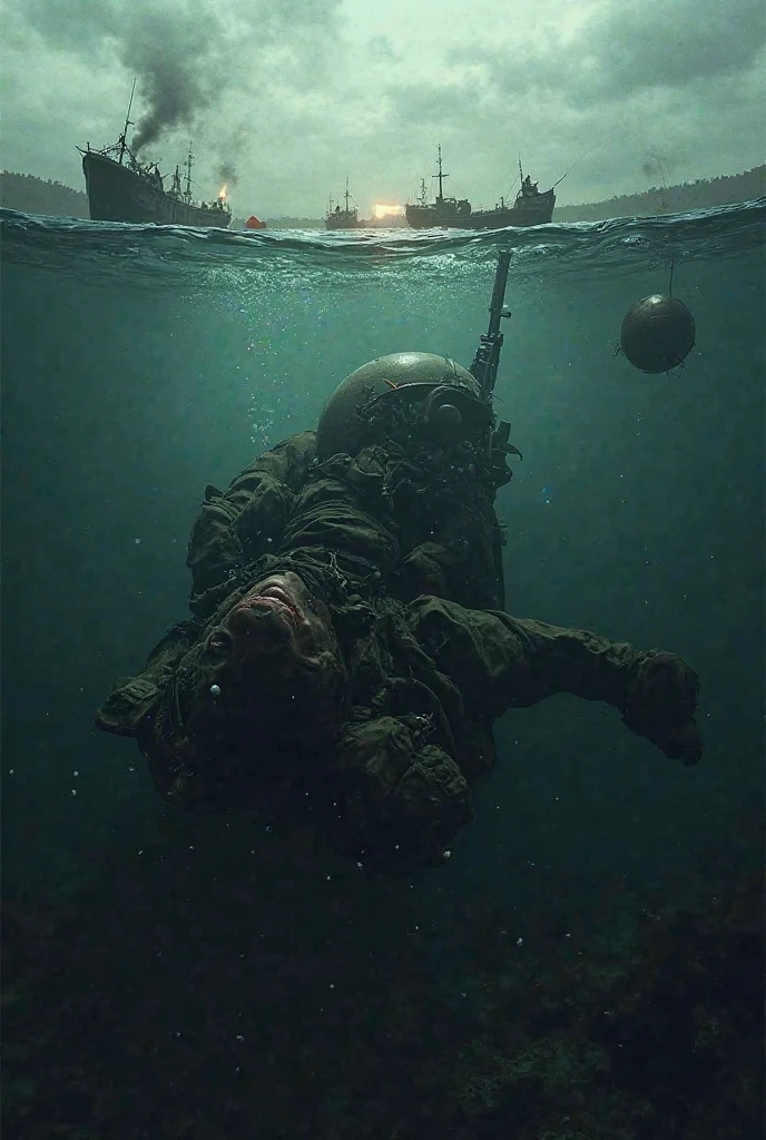 Sea, solo, black male soldier fell on the sea, big splash, blood on the sea, 