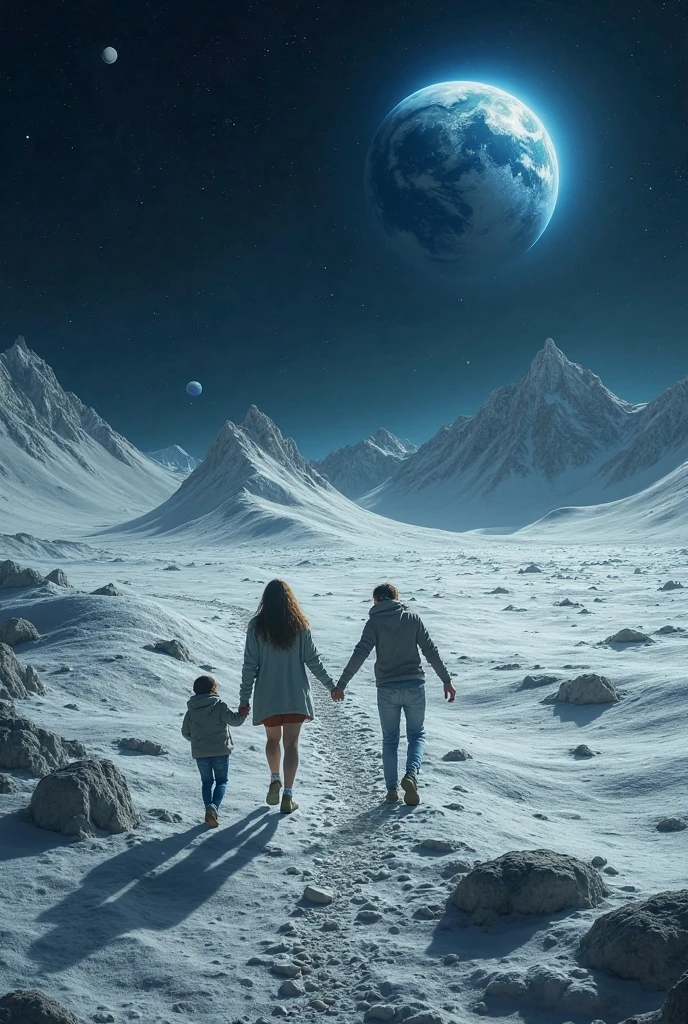 Down moon surface, Before the Great Storm, Father and Daugter walking center, Nostalgic, Annual lighting display, voluminetric lighting, Big sky minimallism, pure color, high accuracy atmosphere on the moon