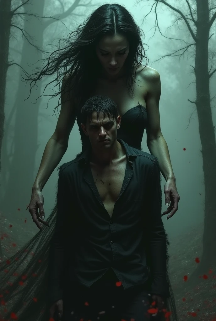 A girl with black curly hair, slim, beautiful, brown eyes and wearing a wine red dress. A black-haired boy with curly hair, grey eyes, tall and strong, full of tattoos with a gun in his hand. They are both in a forest, the forest is dark and it is night, Behind them you can see the shadow of a tall, hooded man holding a gun in his hand.