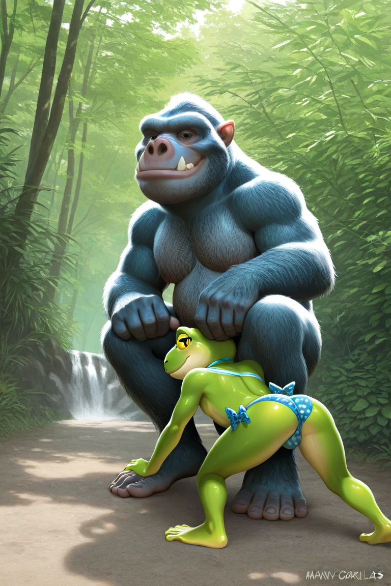 (Lara Croft, large breasts, light blue g-string, cameltoe) full body, smiling, standing beside one huge male furry gorilla with gorilla penis in ancient ruins in the jungle