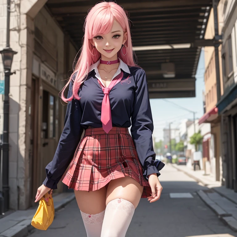 1girl, lala satalin deviluke, solo, long hair, pink hair, , green eyes, thighhighs, tail, smile, ahoge, skirt, open mouth, demon tail, sweater vest, zettai ryouiki, hair ornament, :d, breasts, black thighhighs, medium breasts, blush, very long hair,