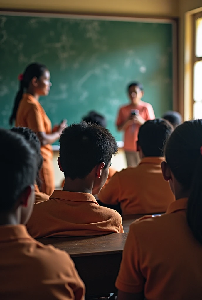 "An Indian government school with a simple, rustic building and a small playground. Inside the classroom, Rahul is sitting at a wooden desk, attentively listening to his teacher. The classroom has worn-out walls with educational posters. Other children are seated around him, but Rahul stands out due to his focused expression. The teacher is smiling, pleased with Rahul’s enthusiasm."
