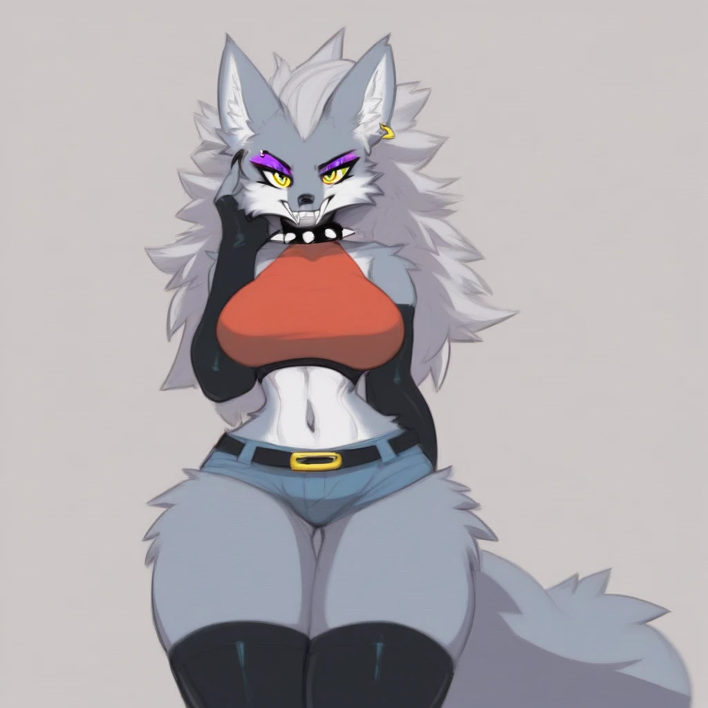 score_9, score_8_up, score_7_up, shirou ogami, female wolf anthro, feminine, hourglass figure, white furry body, fluffy tail, detailed fur, fluffy body, blue eyes white sclera, black lips, collar, gloves, black panties, simple white background, pushing her breasts together, hands on her breasts, bored expression, cute pout, hands covering her nipples,