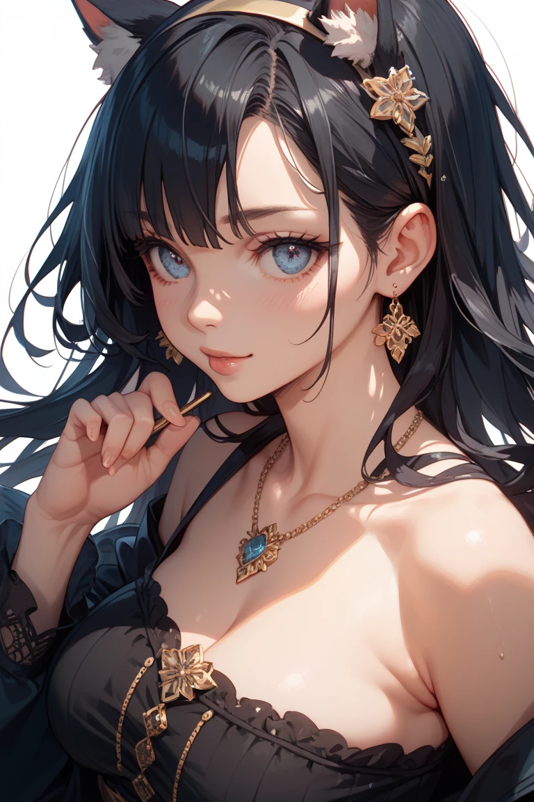 (highest quality, masterpiece, High resolution)、(anime art)、,cinematic light、soft light、girl、black hair、calico cat costume、cat ears、 hair ornaments、choker、enchanting smile、Medium chest、Nyan Pose、Cat jarashi、((white background))、