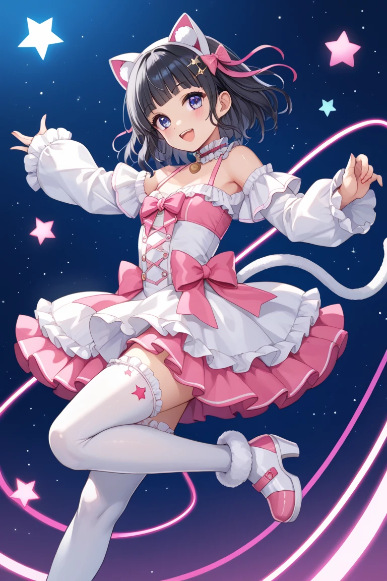 absurdres, best quality, 1girl, solo, <lyco:GoodHands-beta2:0.7>, black eyes, brown hair, long hair, large breasts, <lora:ahCat:1>, ahCat, blue theme, cat ears, blue dress, sleeveless dress, pink ribbon, large ribbon, striped thighhighs, detached sleeves, collar, jingle bell