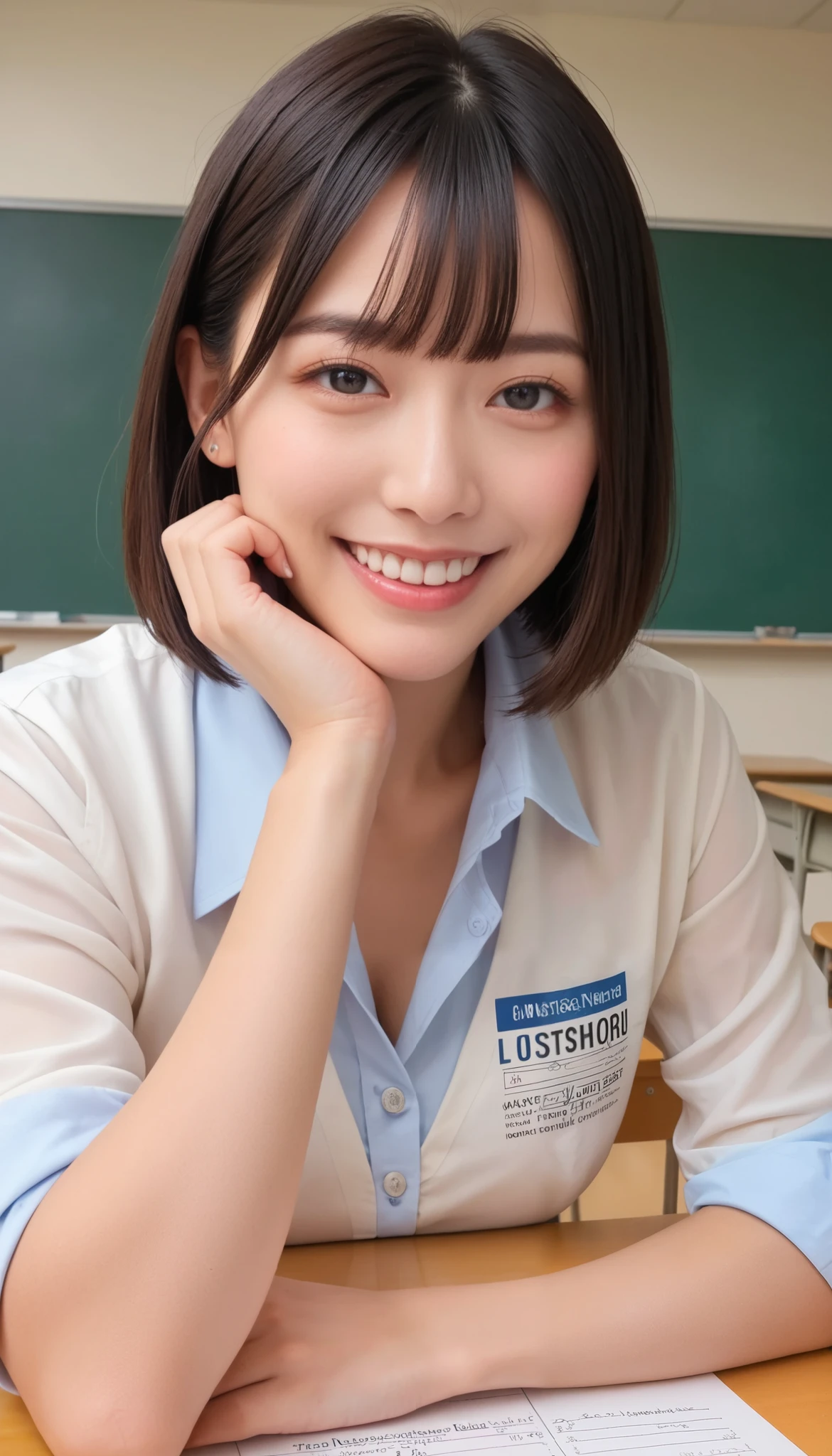 score_9, score_8_up, score_7_up, source_Genuine, rating_safe, High Resolution Image, Masterpiece, Top Quality, Amazing Quality, Extremely Detailed, Exquisite Detail, Sharp Detail, Sharp Focus, Professional Writing, Female Teacher, Dark Hair, Pale Skin, Black Hair, Clean Bob, Bangs, Detailed Face, Detailed Eyes, Polished Nose, Smiling, Looking at the Viewer, Perfect Hands, Perfect Anatomy, (Classroom, Whiteboard, Lesson)