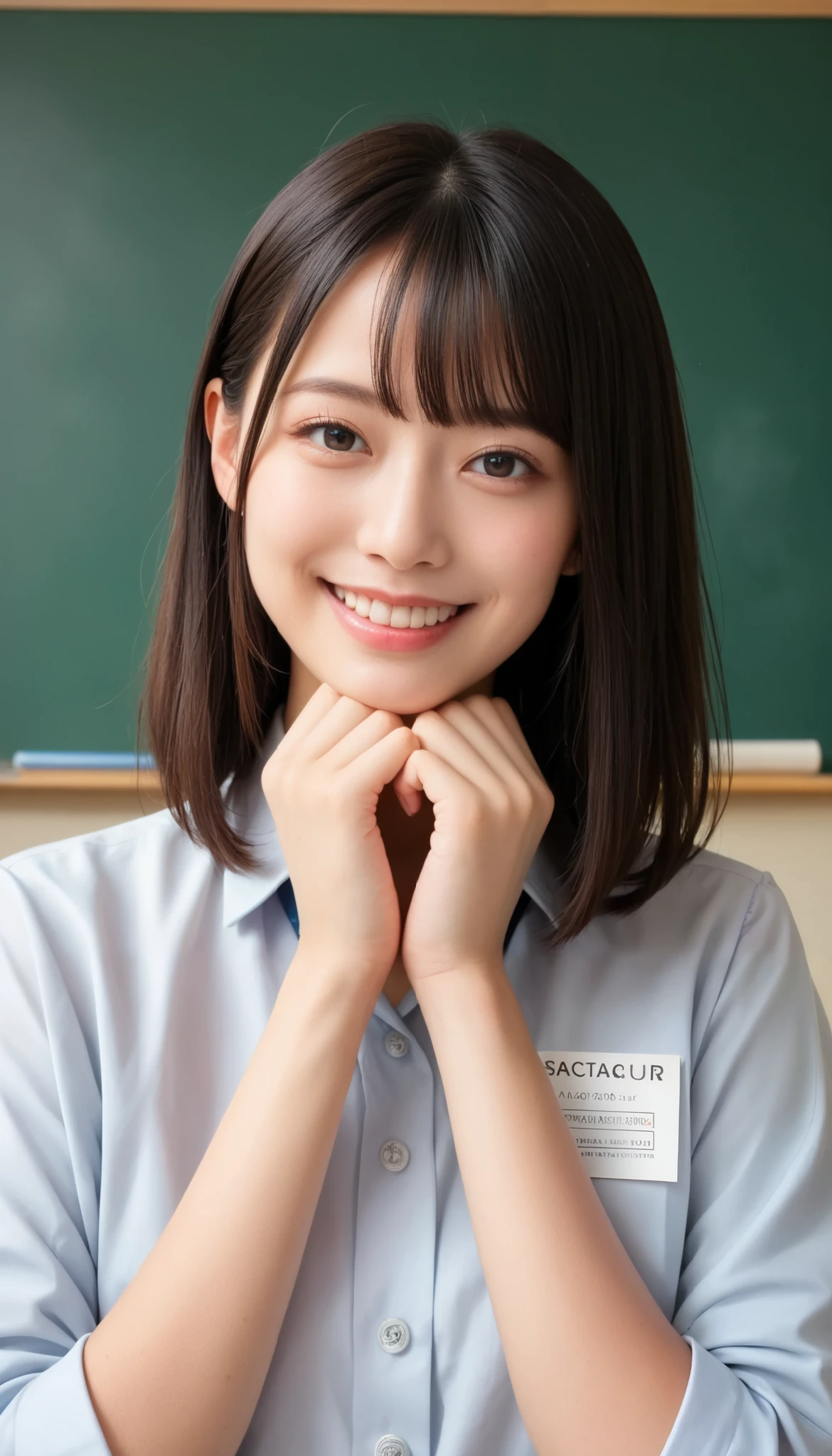 score_9, score_8_up, score_7_up, source_Genuine, rating_safe, High Resolution Image, Masterpiece, Top Quality, Amazing Quality, Extremely Detailed, Exquisite Detail, Sharp Detail, Sharp Focus, Professional Writing, Female Teacher, Dark Hair, Pale Skin, Black Hair, Clean Bob, Bangs, Detailed Face, Detailed Eyes, Polished Nose, Smiling, Looking at the Viewer, Perfect Hands, Perfect Anatomy, (Classroom, Whiteboard, Lesson)