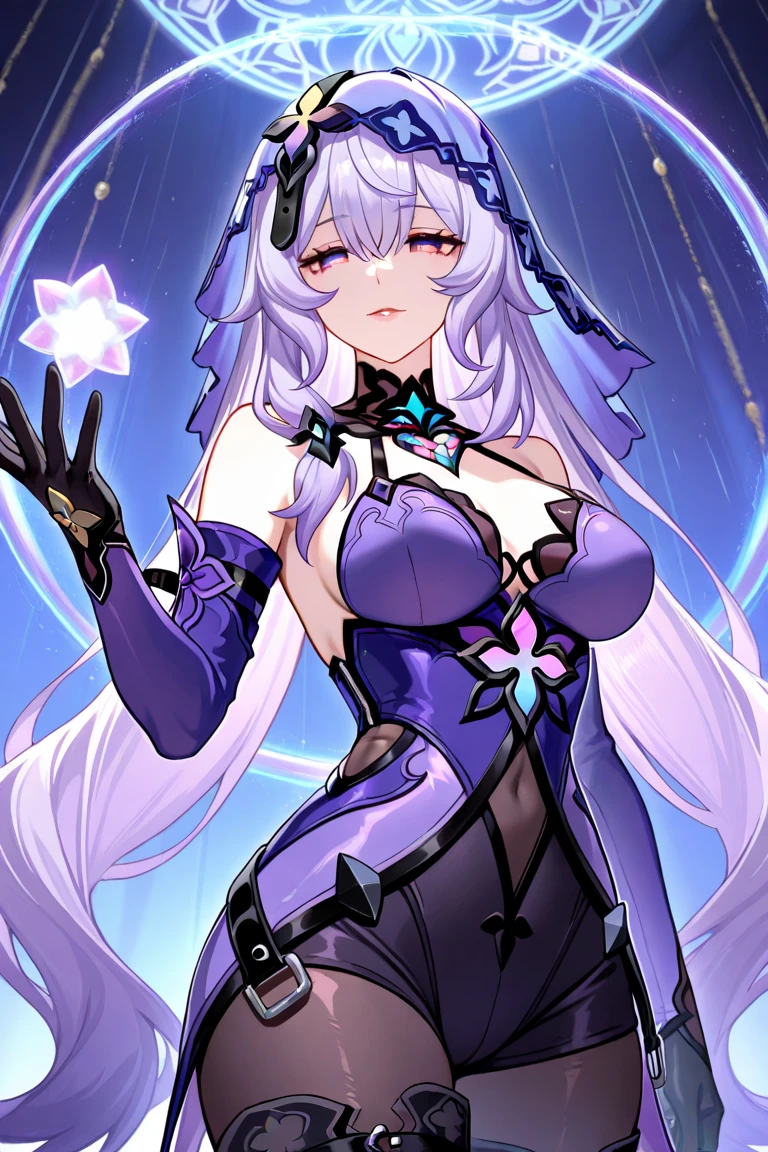 score_9, score_8_up, score_7_up, score_6_up, score_5_up, score_4_up, source_anime, rating_safe, Cryptic Girl, 1girl, solo, purple hair, (purple eyes), well-aligned eyes, extremely detailed face, very long hair, grey hair, braided ponytail, purple white gradient long hair, smiling, happy, large breasts, wearing a cute bikini, detailed bikini, thick body, low lighting, concept art, simple gray background, (dynamic pose: 1.1)