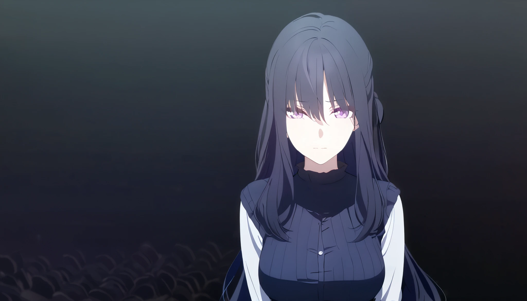 masterpiece, best quality, solo, 1girl, mature, dark blue hair, long hair, purple eye, medium breast, casual outfit, standing, looking at viewer, faint smile, somber, black background, black background only