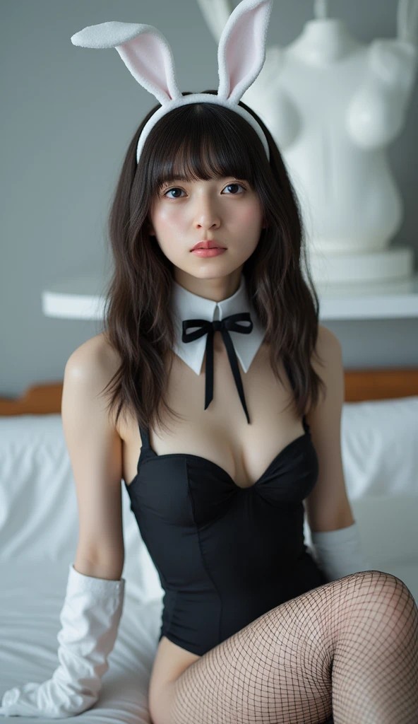 ((Highest quality, 8K, RAW Photos, masterpiece :1.3)), (Realistic、Photorealistic:1.37)、Very detailed、Ultra-high resolution, (Professional Lighting), alone, 1 female, alone, Seeing the viewer, (30 years old), Japanese, Beautiful and elaborate face, Shining Eyes, (Slim waist :1.3), Fine and beautiful skin, Skin Texture, 、A woman in a bunny suit in a library, Sitting on the floor, Background Characters々, Wrist cuff, Removed collar, fishing net, Black shiny outfit, Tight bunny suit, Beautiful Face, Lip details, crowded library、Silky beautiful hair、Medium Hair、Brown Hair、smile、Nipples、バニースーツの上からNipples、orgasm、Female dog