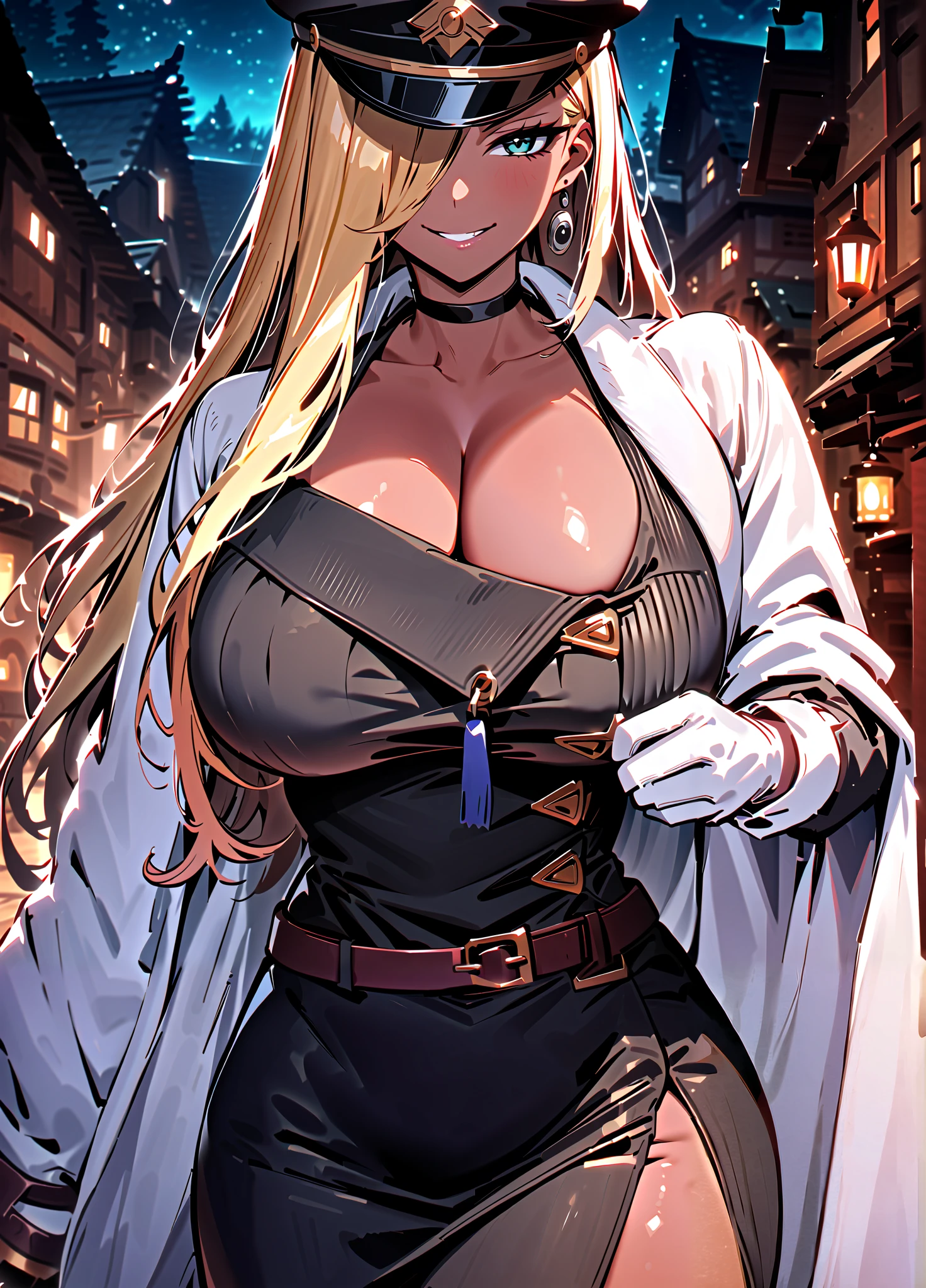 masterpiece, best quality, 1girl, solo, lydagt, dark-skinned female, very long hair, blonde hair, dark blue eyes, big breasts, peaked cap, black headwear, choker, white cape, black jacket, cleavage, belt, white gloves, black skirt, pencil skirt, looking at viewer, smirk, upper body, night, village, trees