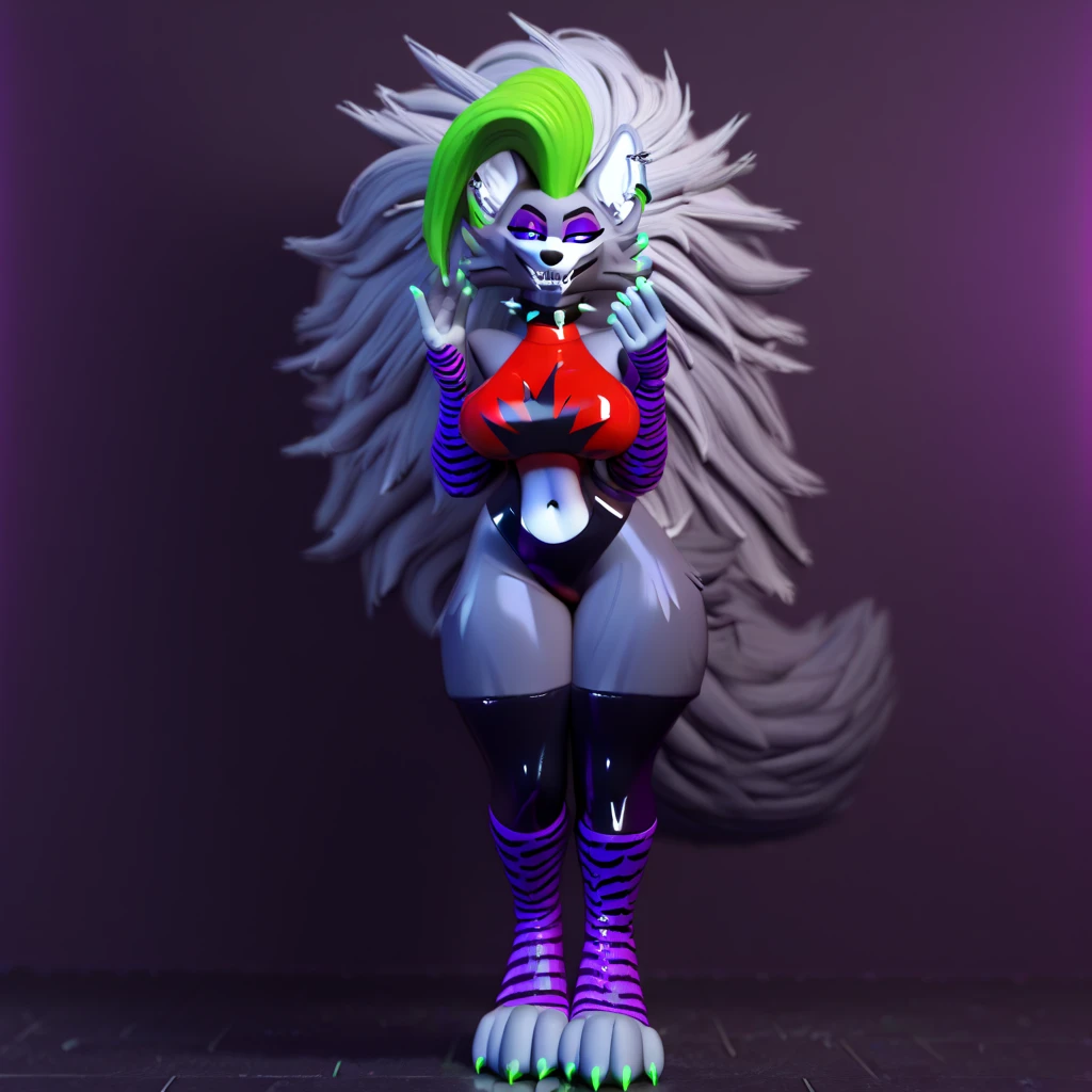 (Thicc) roxanne the animatronic wolf, sat with the soles of her three toed feet showing, tail curved with (her feet sticking behind her), legs up, tongue sticking out of her mouth with curled left toes, her soles showing, her right foot angled
