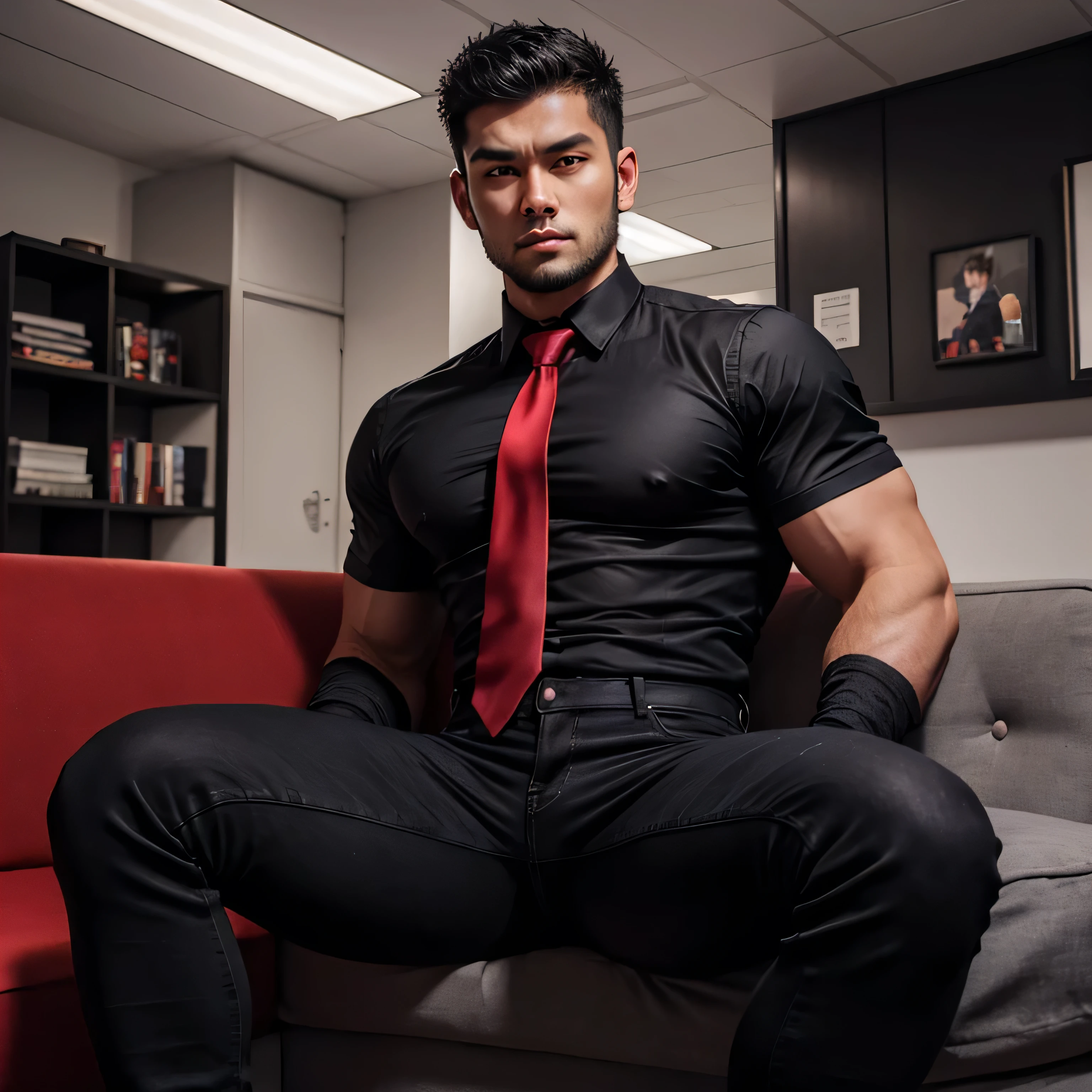 22 years old, handsome man、One Man,Glutinous Flesh、 black shirt、red tie、black slim jeans 、Combatant、office on the sofa。 black hair、Short Hair、short hair natural perm Asian Face seen from below upper body lift 、 black shirt、red tie、black slim jeans upper body up stubble black slim pants black gloves Thick sideburns black gloves Thick sideburns black shirt、red tie、black slim jeans