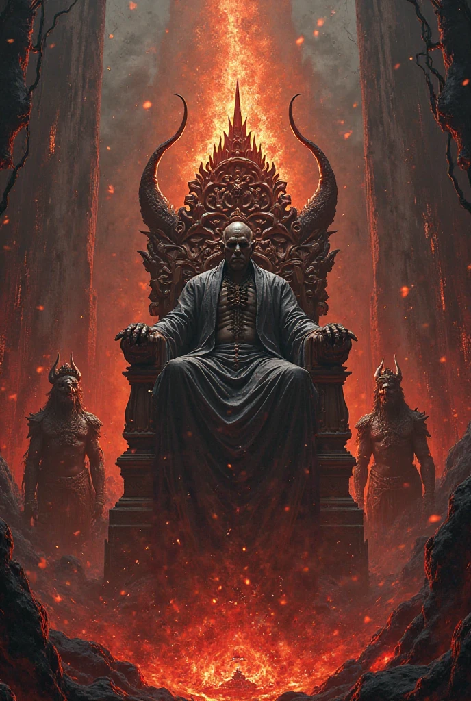 A powerful jinn is standing is the front of the old age Muslim king ,the king is sitting on his chair