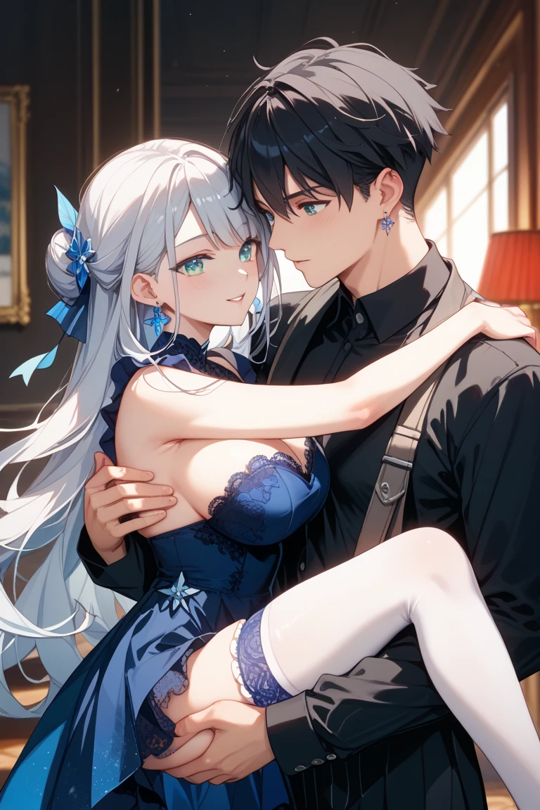 NSFW、A man and a woman having sex on a bed、A man inserting his penis into a woman、Semen is spilling from her crotch、lingerie dress、garter belt、I can see your chest、Silver hair and blue eyes、Long, fluffy wavy hair、Braiding、Men in suits、On a canopy bed