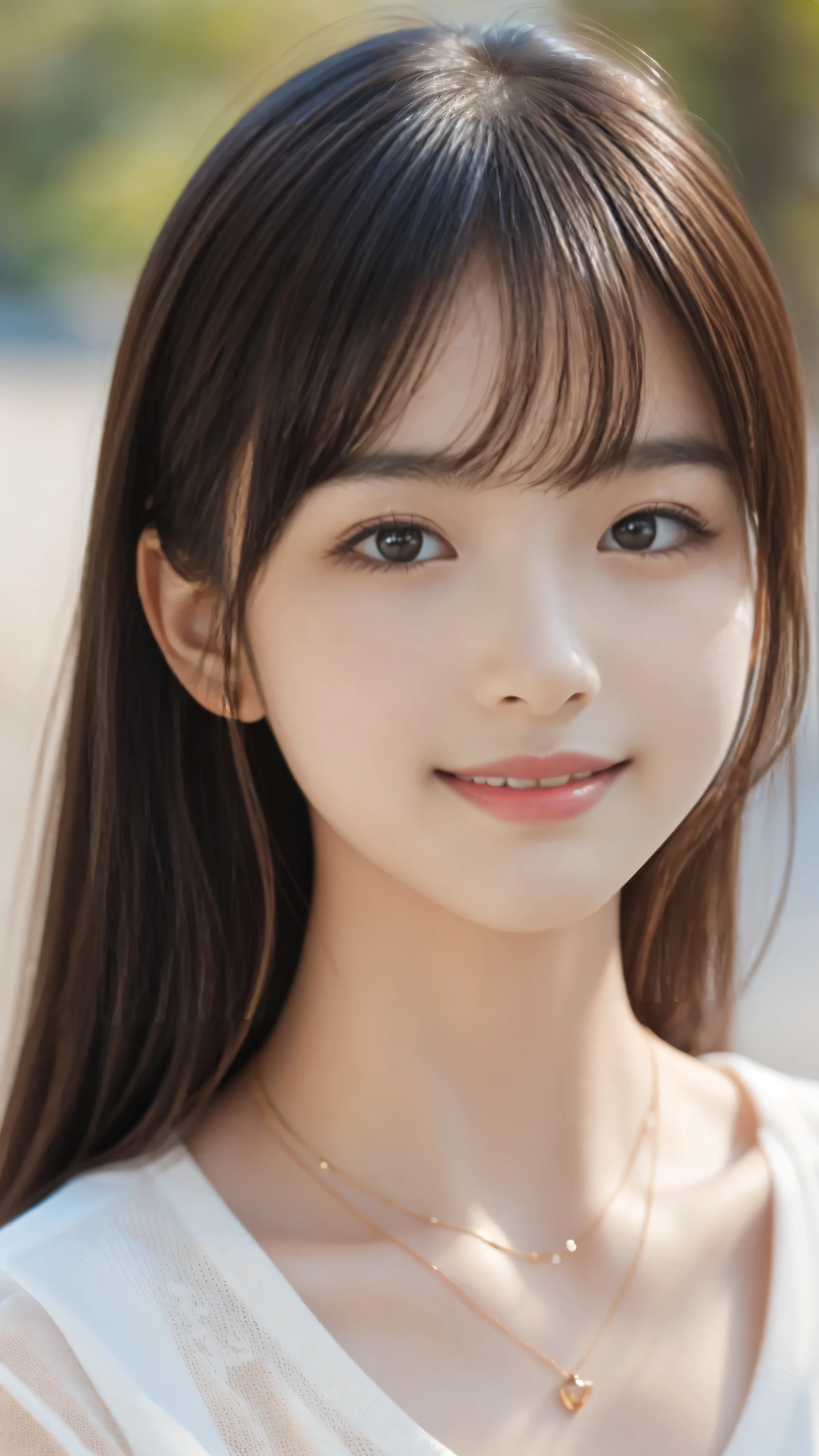 masterpiece,detailed face, cute face, Best Quality , woman , with bangs , Half Smile , long lashes,outdoors,necklace,viewers